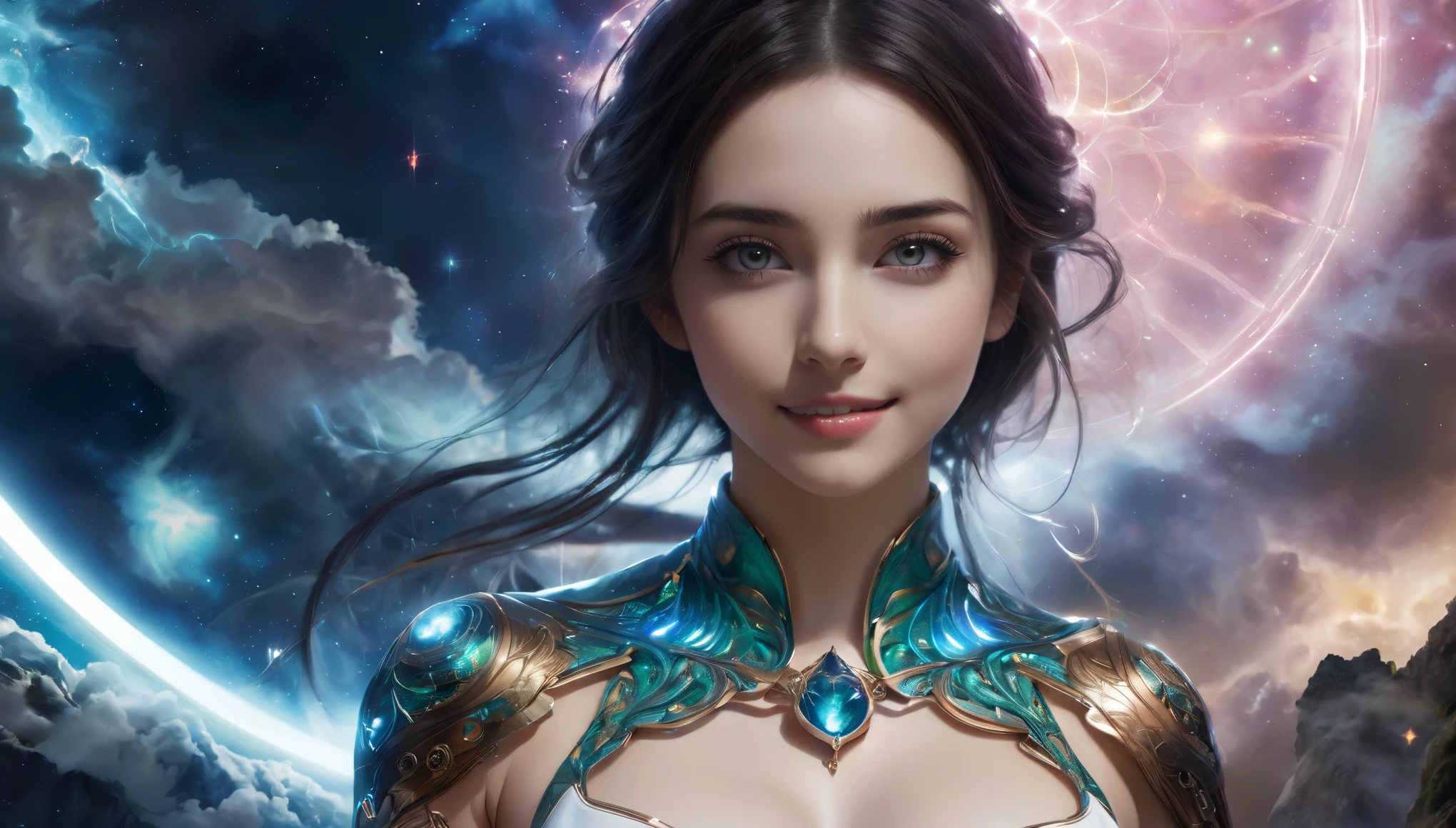 (1 beautiful teenage Italian girl),(wears iridescent bodysuit with beautiful fractal or marble design:1.5),(She wears gauntlets with a detailed and very beautiful design decorated with jewels:1.6), ((She is showing her armpits:1.6)), (erotic pose:1.6), (model pose:1.6), incredibly spectacular scene, ((high quality)), ((fantasy)), blue plasma brain, green plasma body, obscene, average, (despicable:1.2), (immoral:1.2), (Small breasts with beautifully raised pink areolas:1.5), (expression of ecstasy:1.2), hyper realistic photo, official art, Unity 8K Wallpaper, 8K portrait, high quality, very high resolution, (incredibly beautiful nature background:1.6), (18-year-old:1.5), (sexy and glamorous:1.1), (coquettish expression:1.6), (smile seductively:1.6), beautiful seductive face, portrait, (thick eyebrows:1.4), Beautiful eyes with high bilateral symmetry, (highly detailed eyes:1.4),(highly detailed face and eyes:1.7), (High resolution silver eyes:1.6),  (Super detailed skin texture:1.4), super detailed pale skin, perfect anatomy, thin, (Beautiful muscular toned body:1.6), highly detailed jet black hair,  (moist skin:1.2), no makeup, (Bear:1.1), excellent anatomy, Focus plane, good looking, (Emilia clarke:0.1) (Emma watson:0.3),(Jennifer connelly:0.24),  (A delicately crafted necklace is wrapped around her neck), (Bioluminescence with a brilliant glow:1.4), (Shining magic circle:1.5), ruins of an ancient castle, Shining majestic clouds and sky, lightning, spectacular realistic, (Greg latkowski:0.8), (teal and orange:0.4), (art station:1.5), cinematic, (NSFW:1.6), dramatic light, (intricate details:1.1),Milky Way, (nebula:1.6), dark Knight, Focus on fully armored body