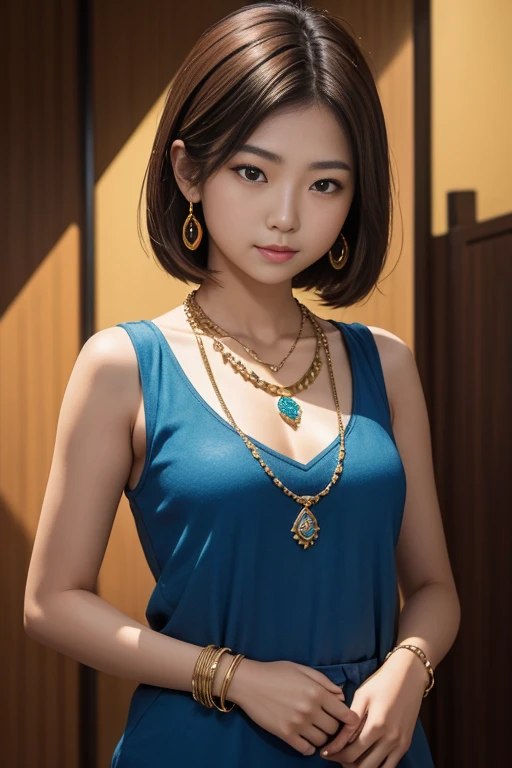 20 year old Asian  female with shoulder-lenght brown hair, wearning gold necklace with blue gemstones against background, sunny
