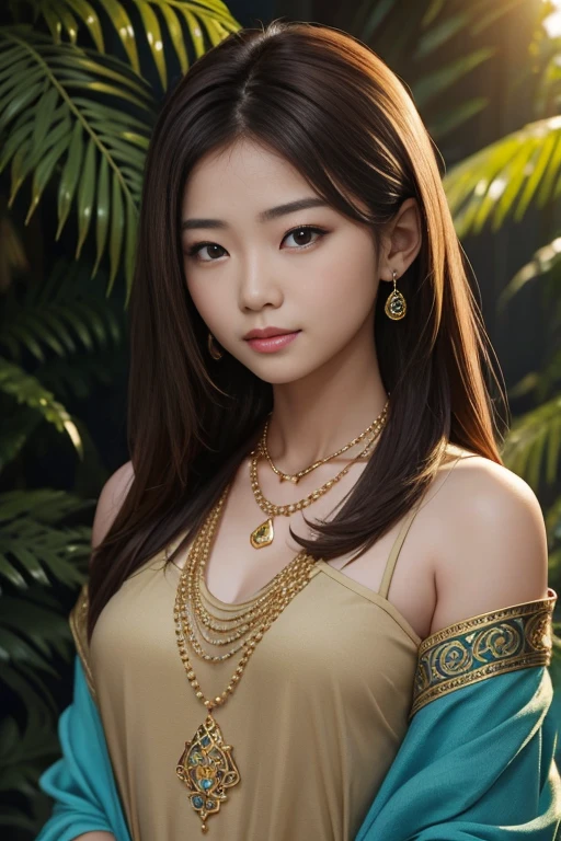 20 year old Asian female with shoulder-lenght brown hair, wearning gold necklace with blue gemstones against background, sunny