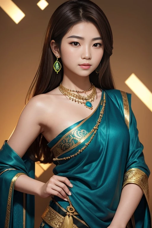 20 year old Asian female with shoulder-lenght brown hair, wearning gold necklace with blue gemstones against background, sunny