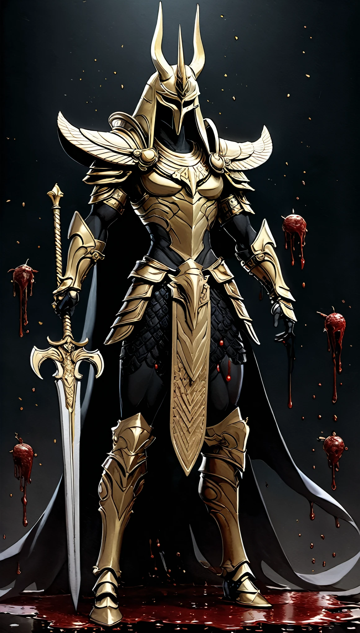 There is a picture of figures, The painting depicts an animal with a golden head and horns, Film Still,Full body portrait of dragoon, Mysterious Anubis Valkyrie, Super detailed fantasy characters, Robot dragon portrait, Sleipnir's photo, ghost of anubis, 4K details fantasy, Polaroid Counting Trends, zbrush contest winner, Draw with zbrush, zbrush central contest winner, horse warrior, (The whole body is covered with blood:3)