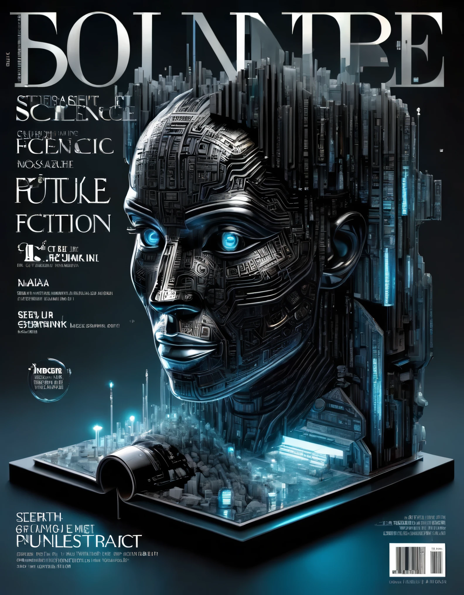 Transparent three-dimensional future magazine design，（A lot of text floating on the cover：0.85）Photography, macro photography, magazines stand with a 3D three-dimensional man,A waterfall of words flashed from his mouth，文字 flat black and white newspaper text, depth of field, DSLR, complex details, studio lighting, 8k, HD, futuristic science fiction magazines, screen magazines, cyberpunk art, 3D book art, background: a table in the futuristic science fiction world