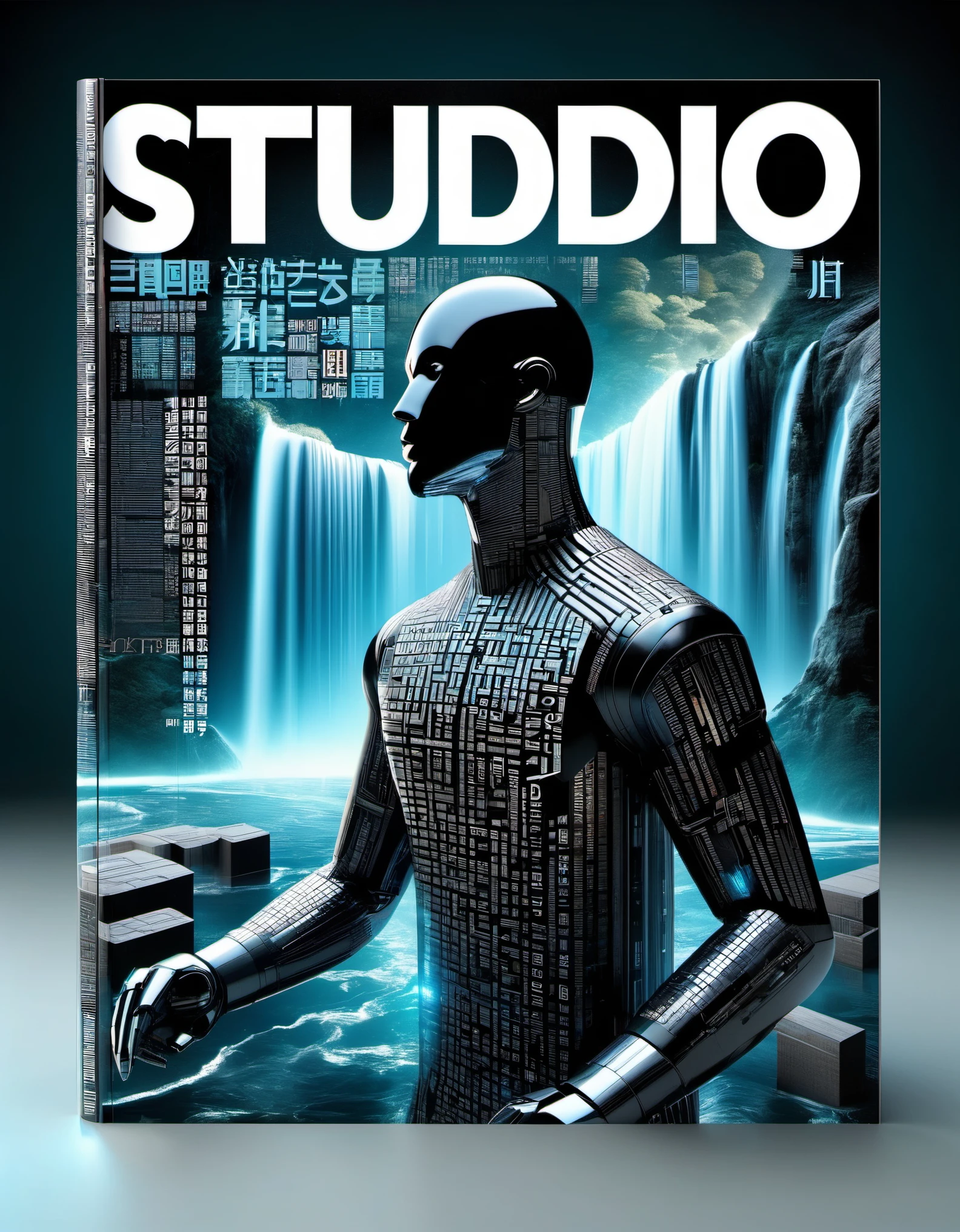 Transparent three-dimensional future magazine design，（A lot of text floating on the cover：0.85）Photography, macro photography, glass， news paper cover magazines stand with a 3D three-dimensional man,A waterfall of words flashed from his mouth，文字 flat black and white newspaper text, depth of field, DSLR, complex details, studio lighting, 8k, HD, futuristic science fiction magazines, screen magazines, cyberpunk art, 3D book art, background: a table in the futuristic science fiction world