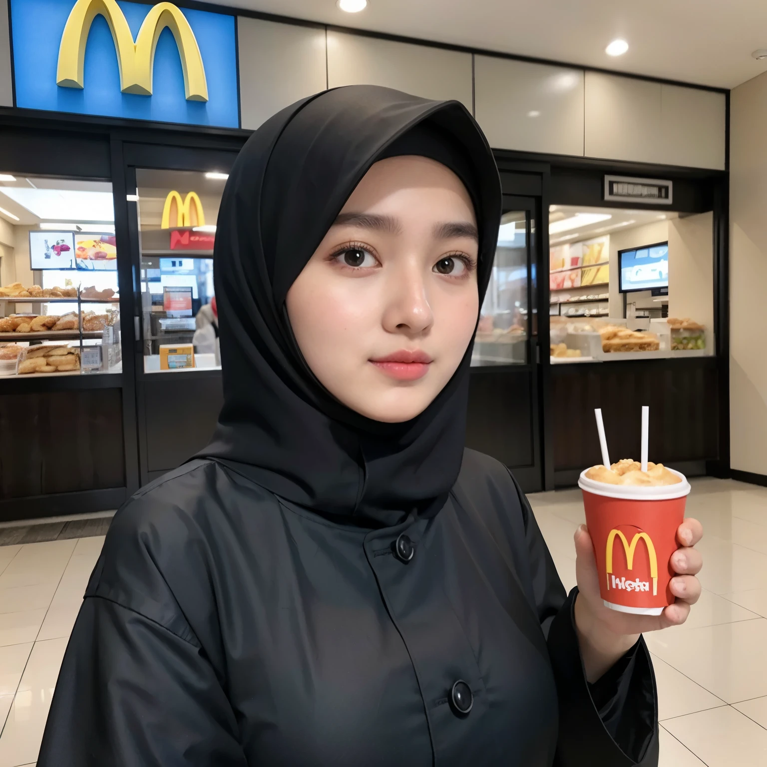 Picture me as a young Muslim student wearing a peci and sarong while eating fried chicken and Starbucks coffee.
