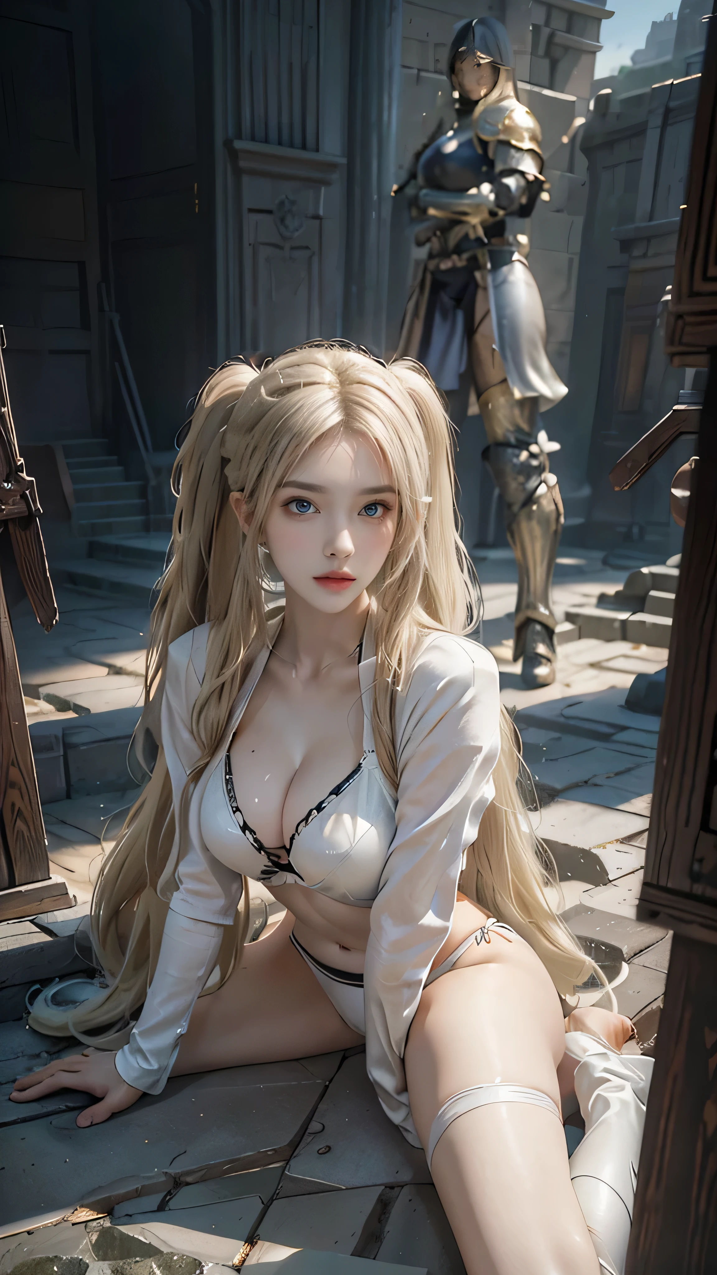 full body, (( photorealistic )), high resolution, 1 women, solo, hips up, look at viewer, (detailed face), medium , bikini knight armor , (( dynamic laying pose )) .(( Blonde twintail hair ))