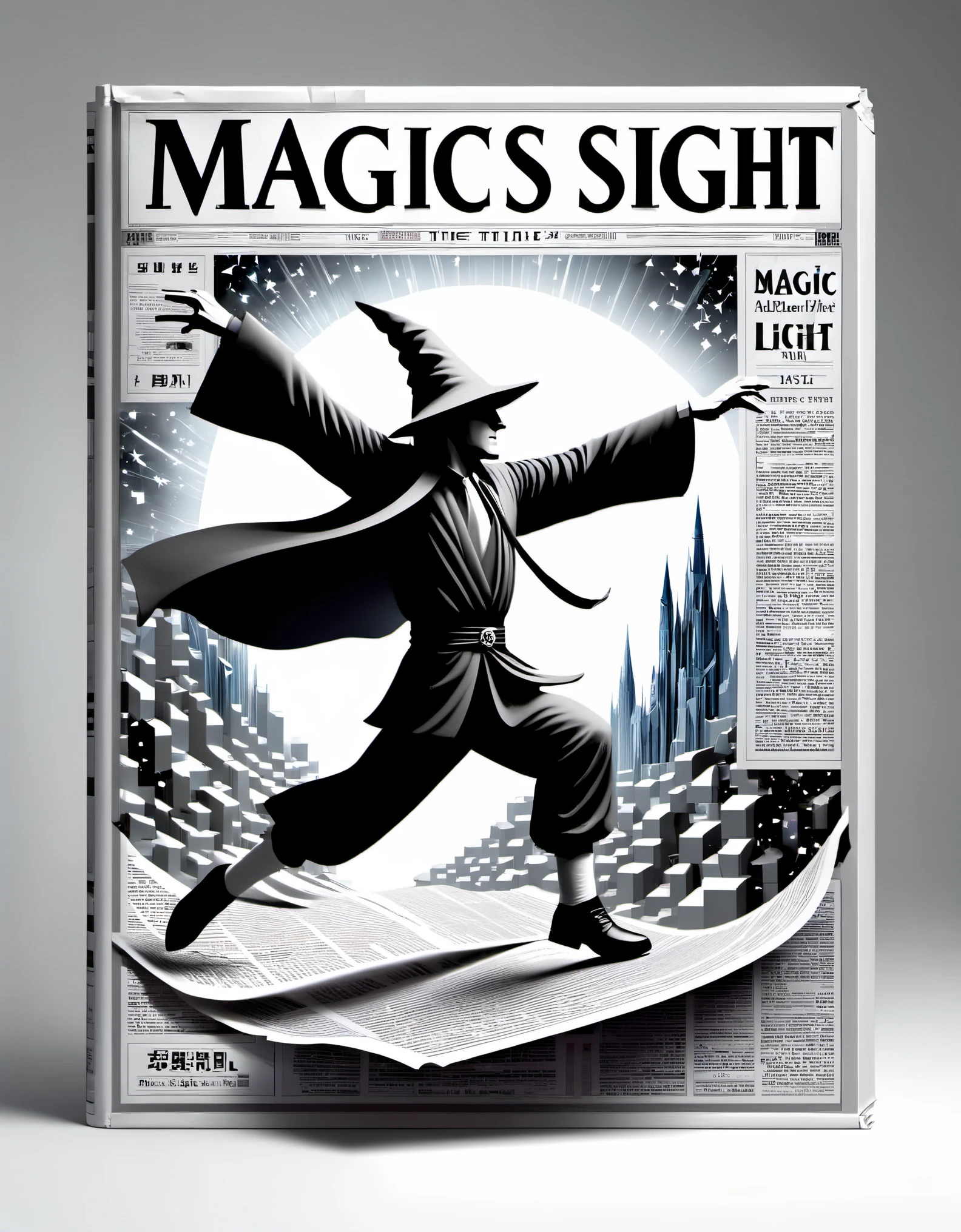 Magical magazine cover design, (a three-dimensional man breaking through the cover), the wizard is rushing out of the newspaper, ruptured large hole, the action is vivid, and realistic, the title of the magazine, "Magic Sight," emits a faint magical light, unique and striking black and white lettering and magical runes in the form of inlaid in the borders of the cover, the newspaper
