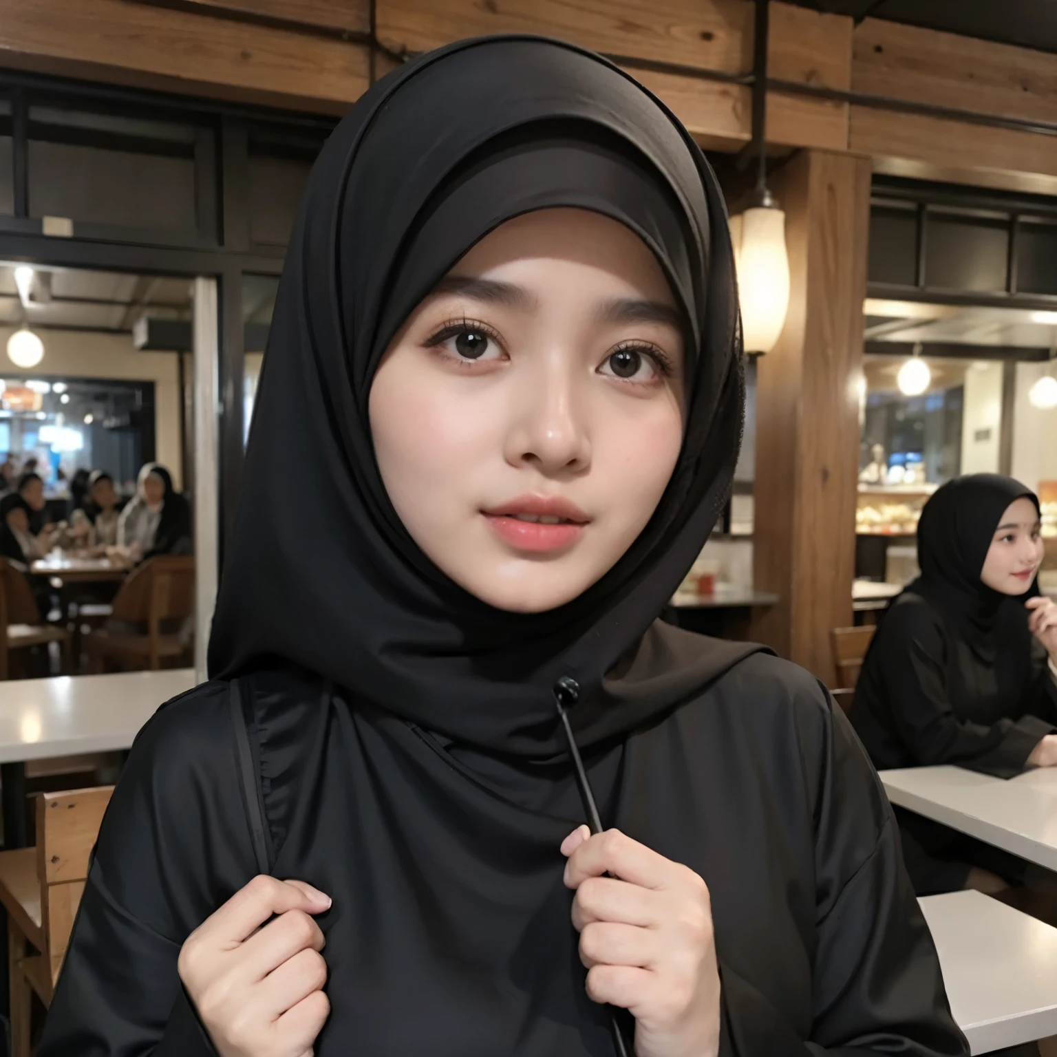beautiful muslim, hijab, abaya, twirling hijab, 16 years old japanese girl, 165cm height, natural big breast, black matte hijab, in dinner with me in a busy seafood restaurant at beach, looking to me,