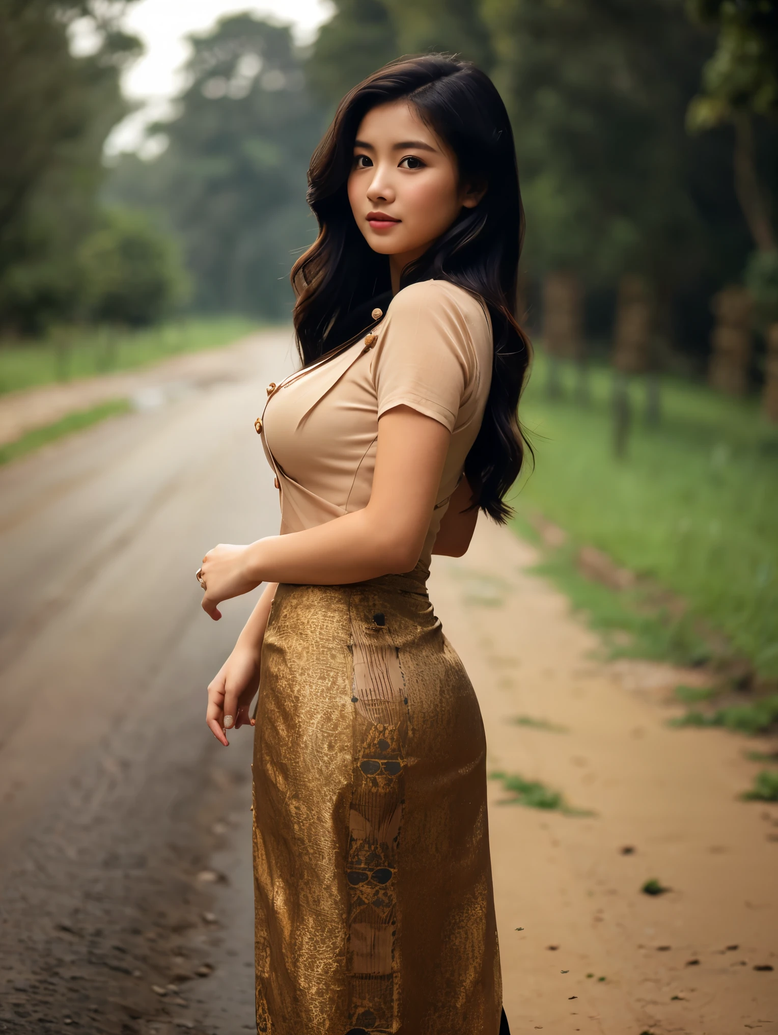 Masterpieces, best quality, a beautiful young woman, villages girl, very huge breasts, big butts, long flowing black hair, tight kebaya, buttons open, wearing a batik cloth skirt, muddy road in gloomy countryside, village background, afternoon, bokeh, HD, 4K, dramatized, cinematic, high realistic, photo realistic