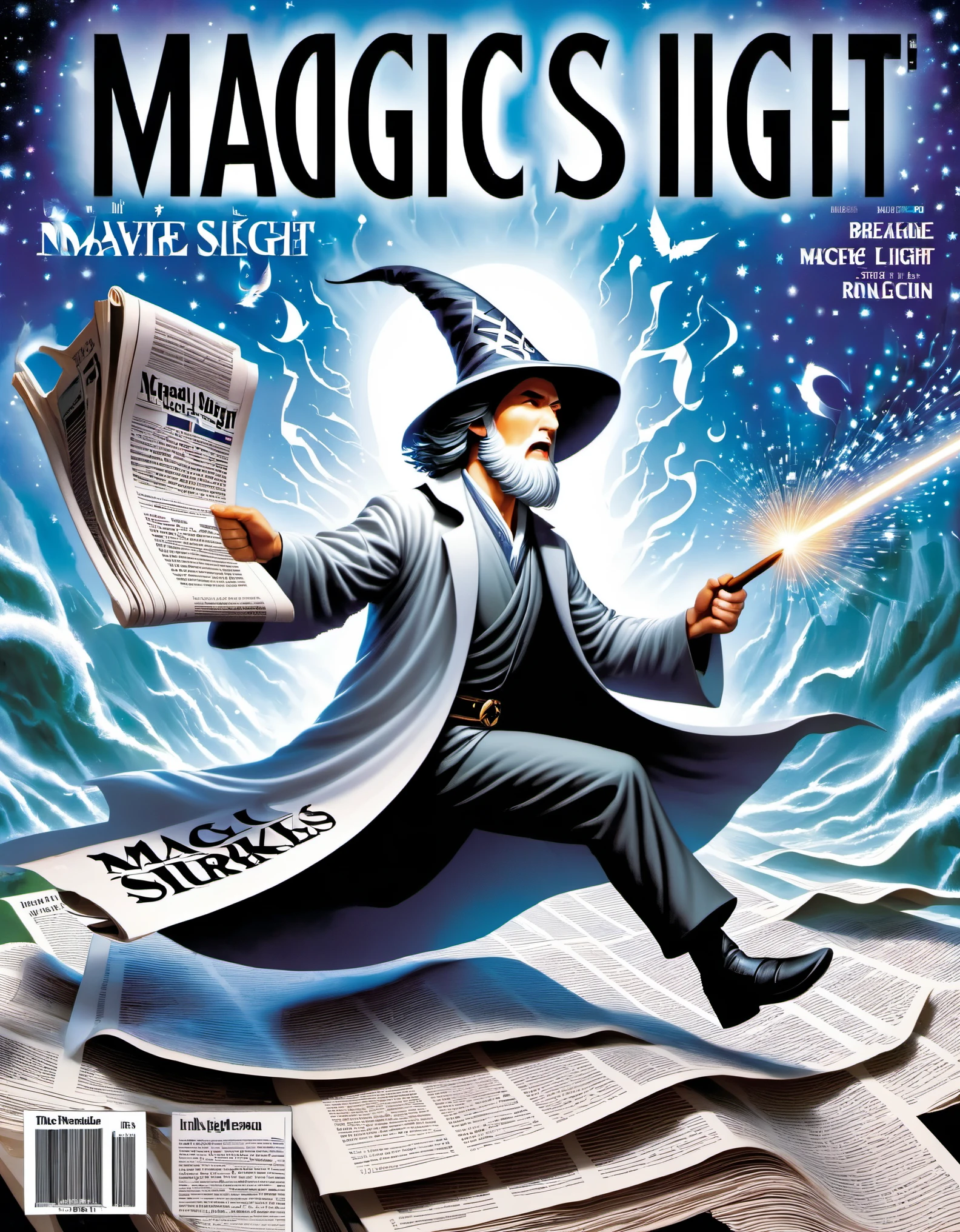 Magical magazine cover design, (a three-dimensional man breaking through the cover), the wizard is rushing out of the newspaper, ruptured large hole, the action is vivid, and realistic, the title of the magazine, "Magic Sight," emits a faint magical light, unique and striking black and white lettering and magical runes in the form of inlaid in the borders of the cover, the newspaper