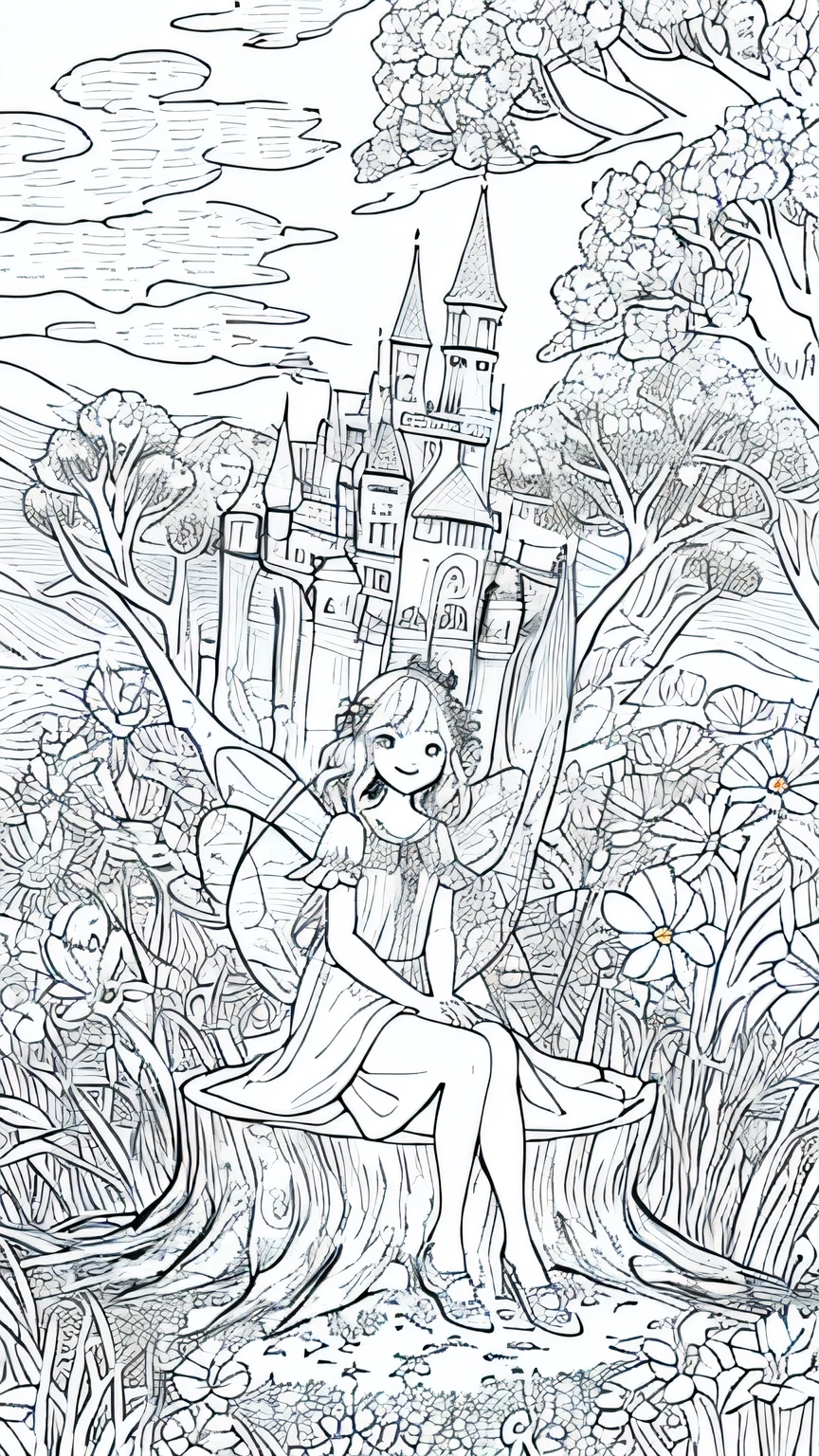 The picture is made in the style of a coloring book - black and white., lines. Six year old girl smiles and sits on a tree stump, looking at the flowers around you.. Behind her are fairy trees and a fairytale castle.., clouds and sun in the background.