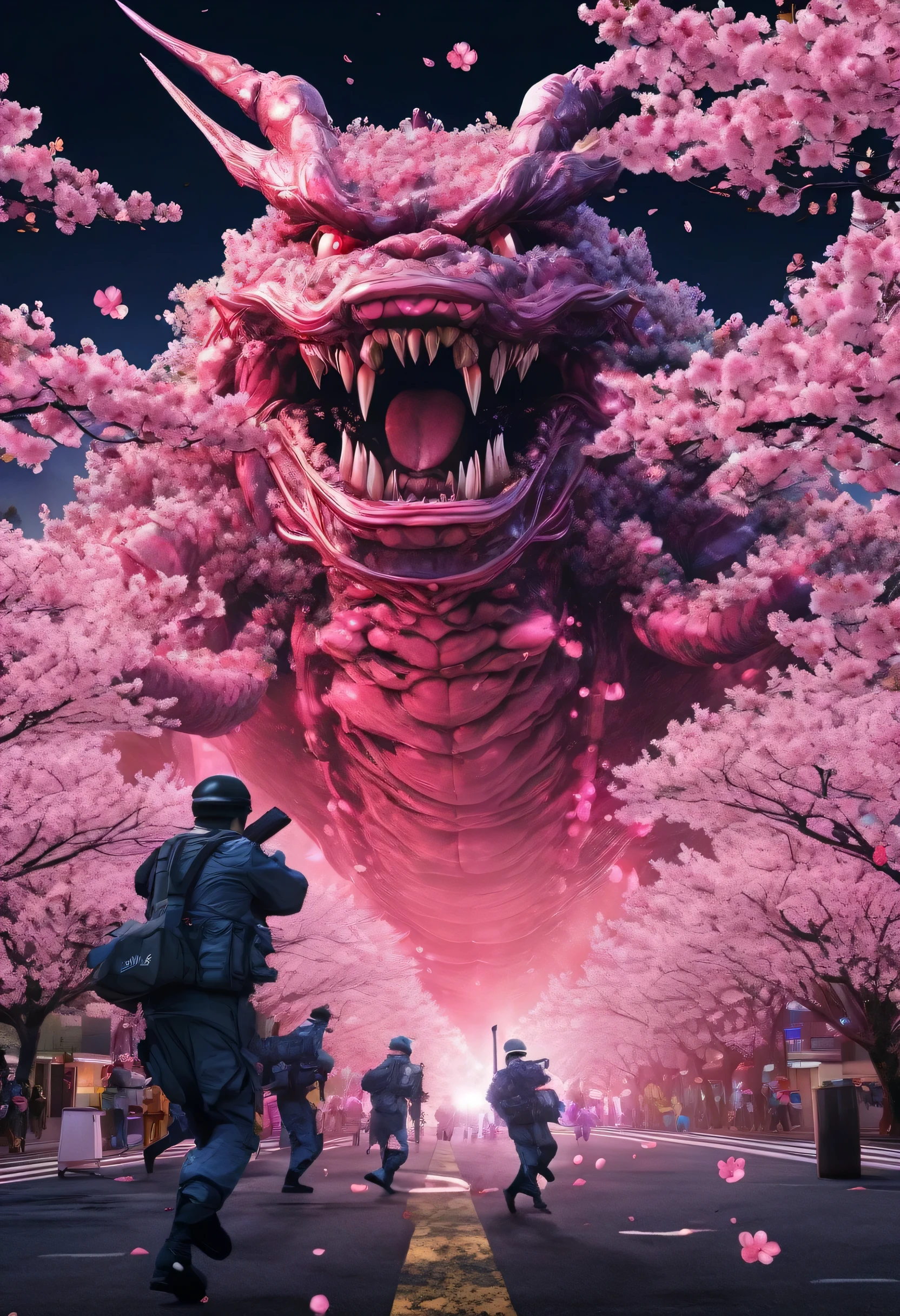 A cherry blossom monster destroys the pitch-black night city..。Air pollution has mutated cherry blossoms into giant creatures.。A new organism that evolves from cherry blossoms、Late Night City、Pitch black sky、Pitch black city、A pale pink cherry blossom monster bigger than the building goes on a rampage..!!! Jet fighter attacks Sakura Kaiju from the sky、Soldiers on the ground are also trying to intercept the Sakura Monster..、monster movie style、Japanese special effects movies、