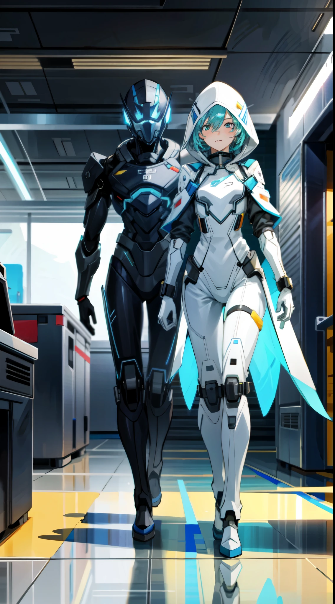 A girl and a humanoid robot walking together, hoodie, futuristic laboratory, bright lights, advanced technological equipment, makoto shinkai cyril rolando, atey ghailan 8 k, emotional concept art, guweiz and makoto shinkai, anime art wallpaper 8 k, a beautiful artwork illustration, 4k highly detailed digital art, anime art wallpaper 4k, anime art wallpaper 4 k, 4 k hd