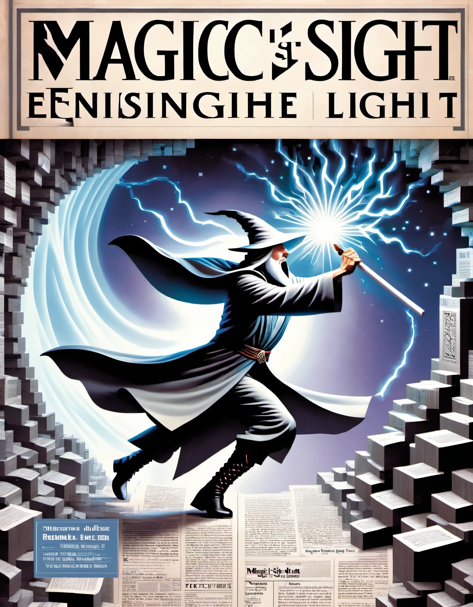 Magical magazine cover design, (a three-dimensional man breaking through the cover), the wizard is rushing out of the newspaper, ruptured large hole, the action is vivid, and realistic, the title of the magazine, "Magic Sight," emits a faint magical light, unique and striking black and white lettering and magical runes in the form of inlaid in the borders of the cover, the newspaper