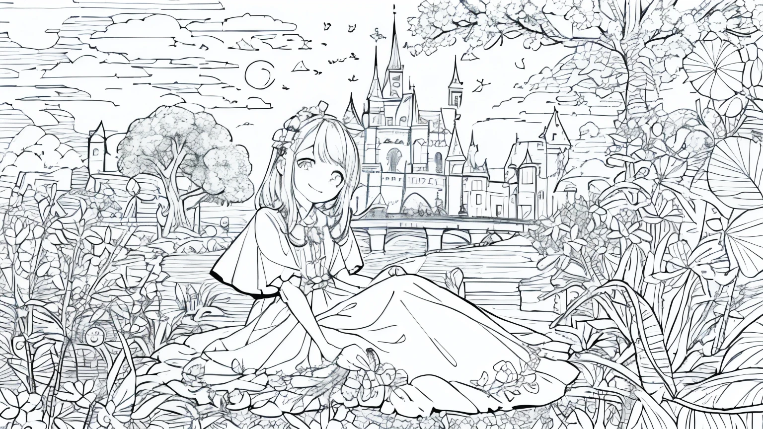 The picture is made in the style of a coloring book - black and white., lines. Six year old girl smiles and sits on a tree stump, looking at the flowers around you.. Behind her are fairy trees and a fairytale castle.., clouds and sun in the background.