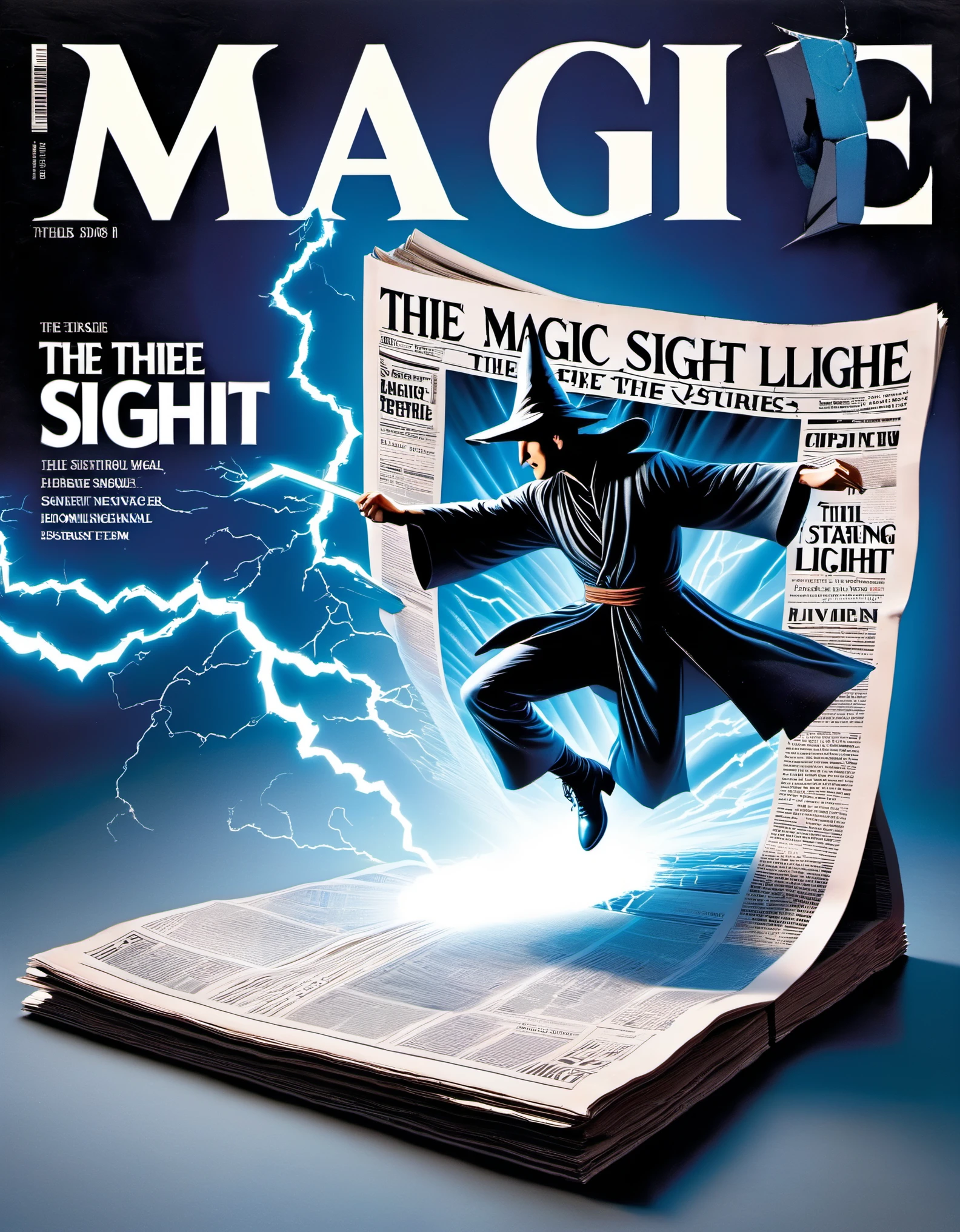 Magical magazine cover design, (a three-dimensional man breaking through the cover), the wizard is rushing out of the newspaper, ruptured large hole, the action is vivid, and realistic, the title of the magazine, "Magic Sight," emits a faint magical light, unique and striking black and white lettering and magical runes in the form of inlaid in the borders of the cover, the newspaper,Optical illusion art,blue lightning,Light