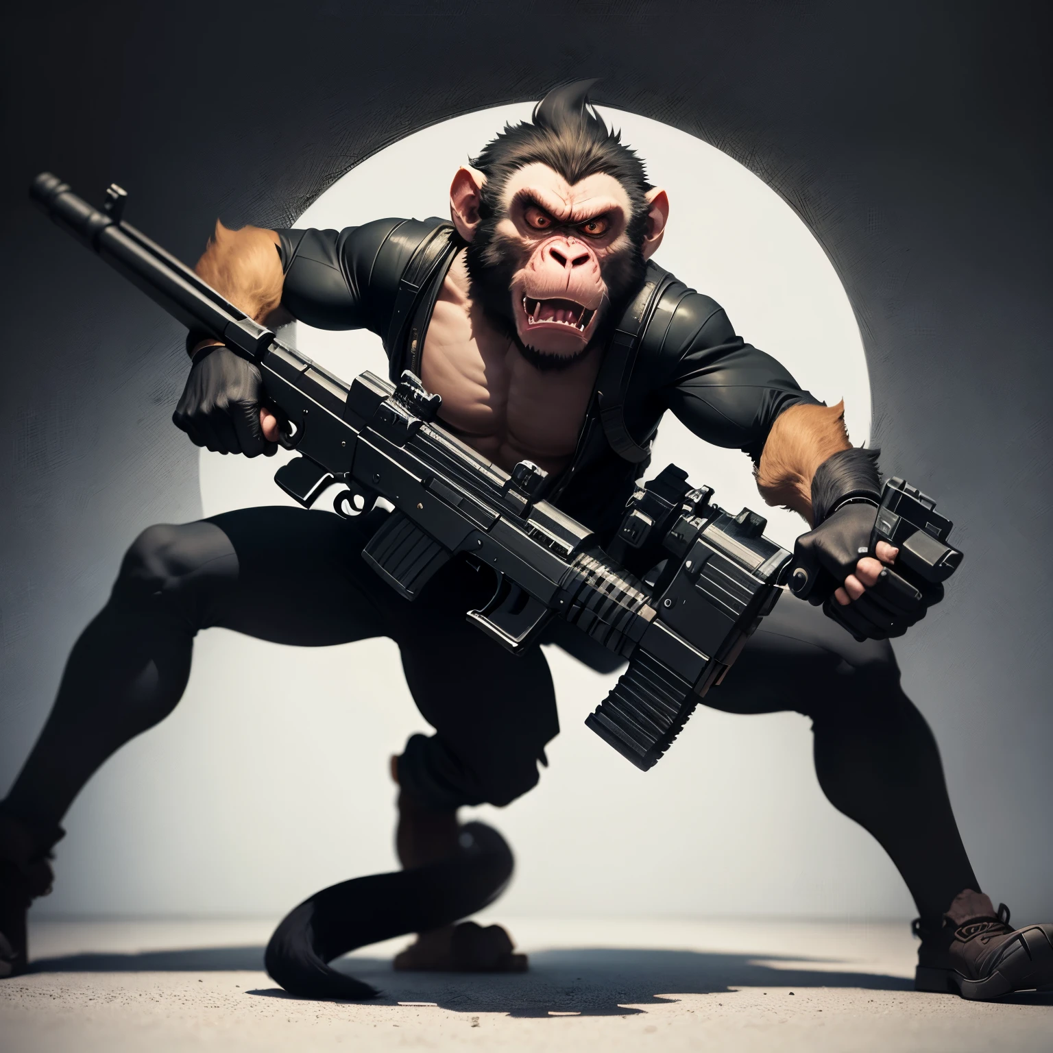 make a cartoon style monkey holding a gun and shooting it with an extremely angry face with an open mouth and a black image background.