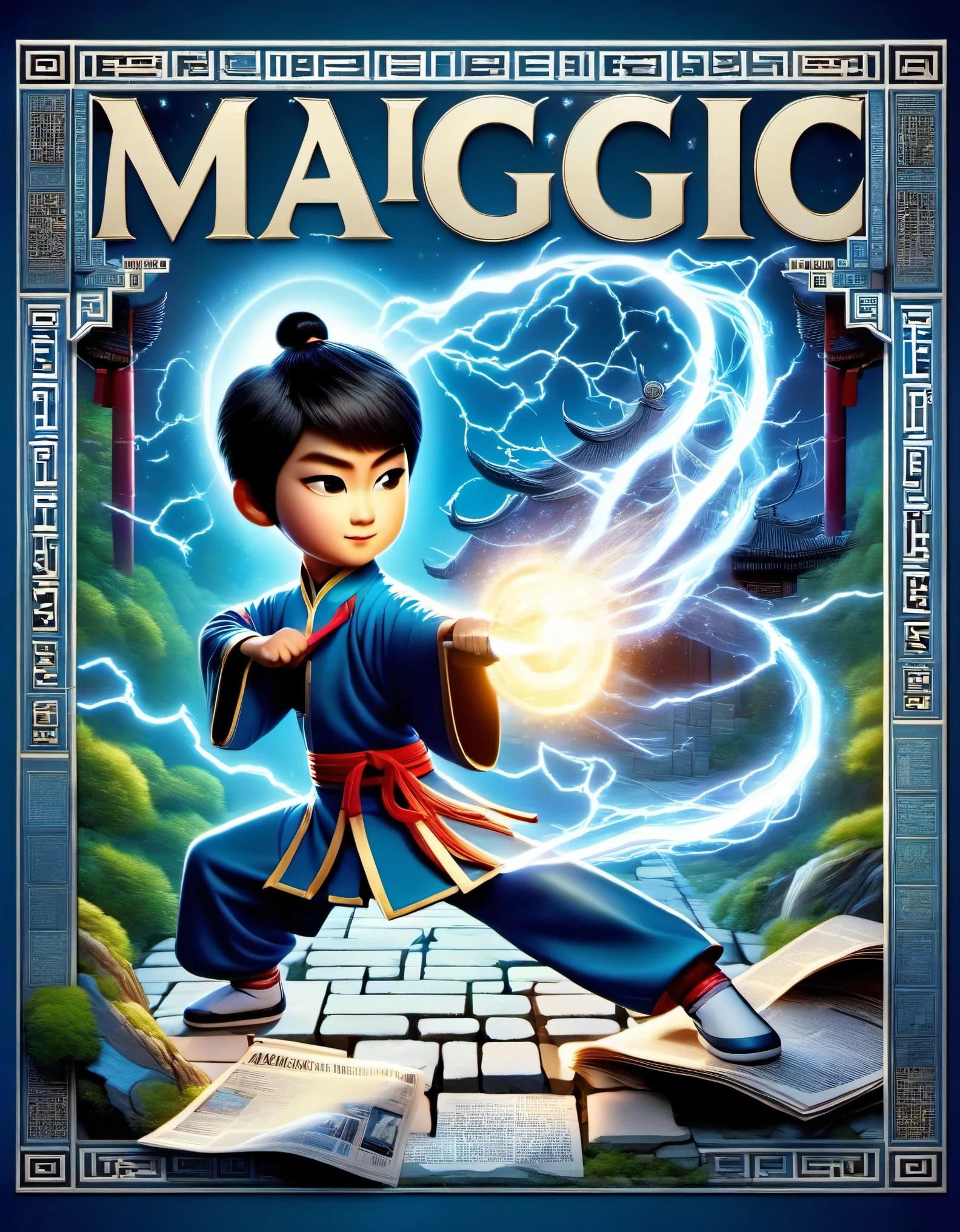 Magic magazine cover design, (a three-dimensional kung fu boy broke through the cover), the mighty magic kung fu boy is breaking out of the newspaper, ruptured large hole, the action is vivid, and realistic, the title of the magazine, "Magic Sight," emits a faint magical light, unique and eye-catching black and white fonts and magical runes in the form of inlaid in the cover's borders, the newspaper,Optical illusion art,blue lightning,Light