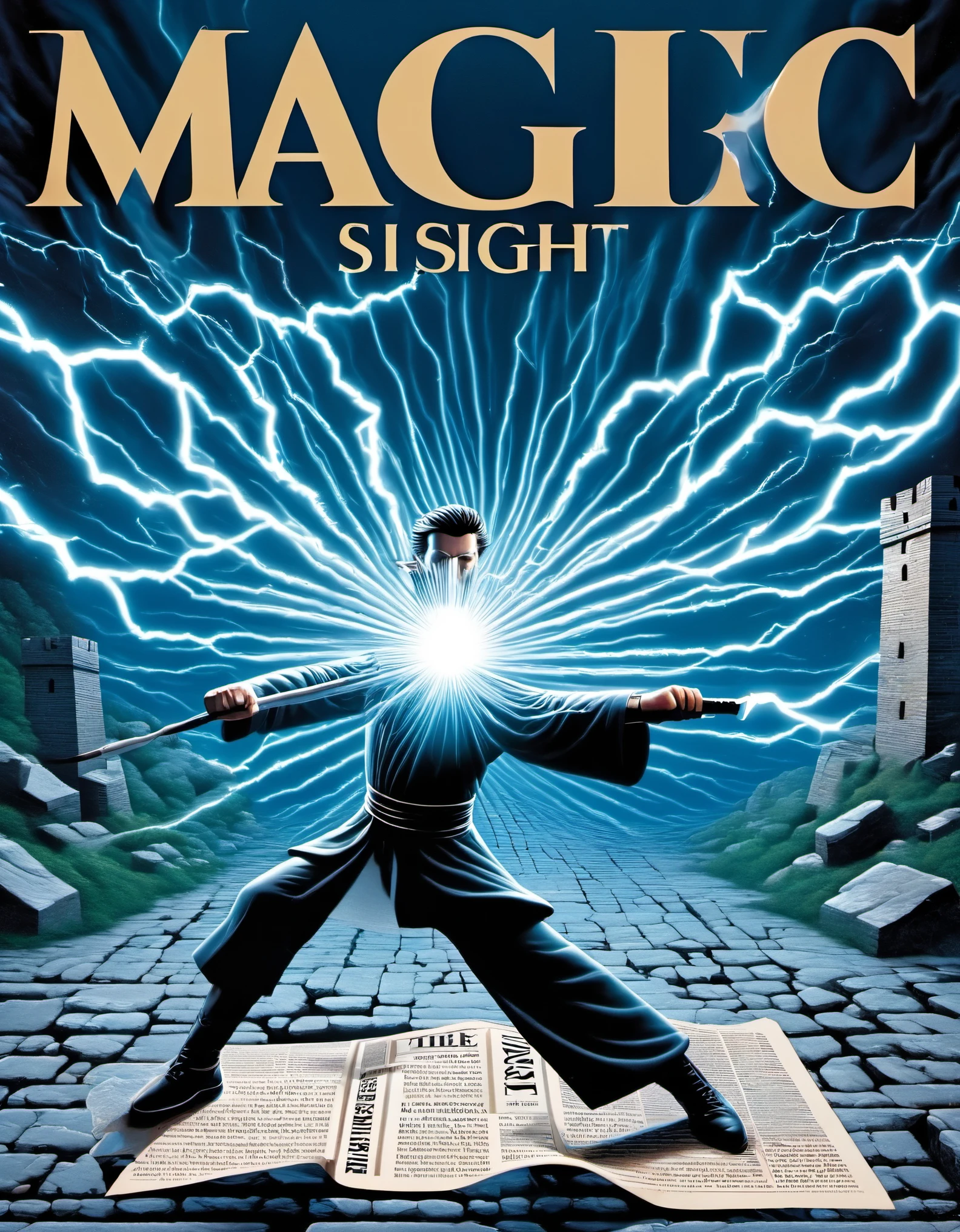Magical magazine cover design, (a three-dimensional man breaking through the cover), the wizard is rushing out of the newspaper, ruptured large hole, the action is vivid, and realistic, the title of the magazine, "Magic Sight," emits a faint magical light, unique and striking black and white lettering and magical runes in the form of inlaid in the borders of the cover, the newspaper,Optical illusion art,blue lightning,Light