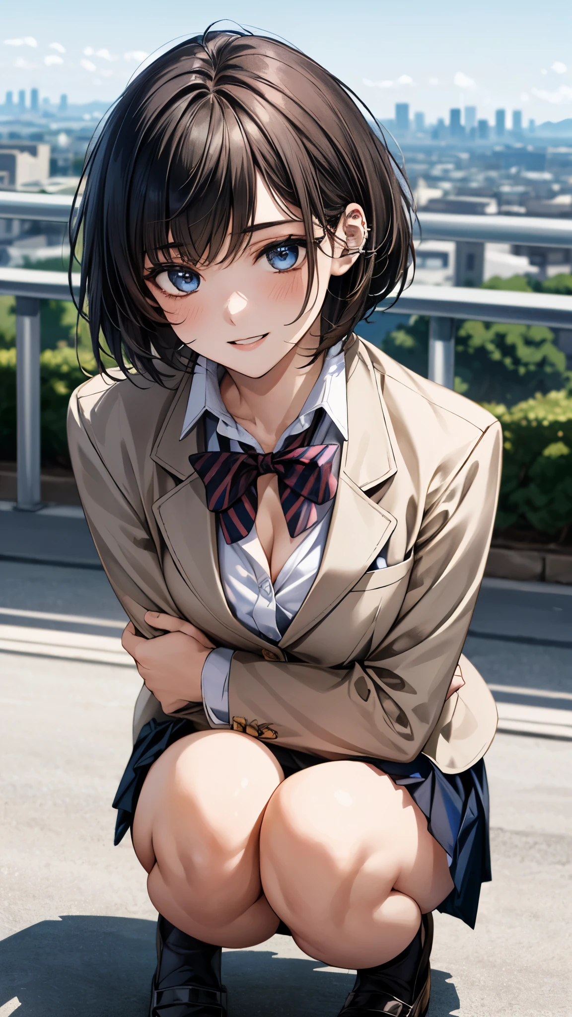 (masterpiece:1.3, top-quality, ultra high res, ultra detailed), (realistic, photorealistic:1.4), beautiful illustration, perfect lighting, colorful, depth of fields, 
beautiful detailed hair, beautiful detailed face, beautiful detailed eyes, beautiful clavicle, beautiful body, beautiful chest, beautiful thigh, beautiful legs, beautiful fingers, 
looking at viewer, front view:0.6, 1 girl, japanese, high school girl, perfect face, (perfect anatomy, anatomically correct), cute and symmetrical face, babyface, , shiny skin, 
(short hair:1.2, bob cut:1.2, light brown hair), asymmetrical bangs, blue eyes, long eye lasher, (medium breasts), slender, 
((navy blazer, collared white shirt, navt pleated skirt)), dark red bow tie, piercing, 
(beautiful scenery), evening, (city, cityscape in the distance), squatting, fold arms, (happy smile, parted lips), 