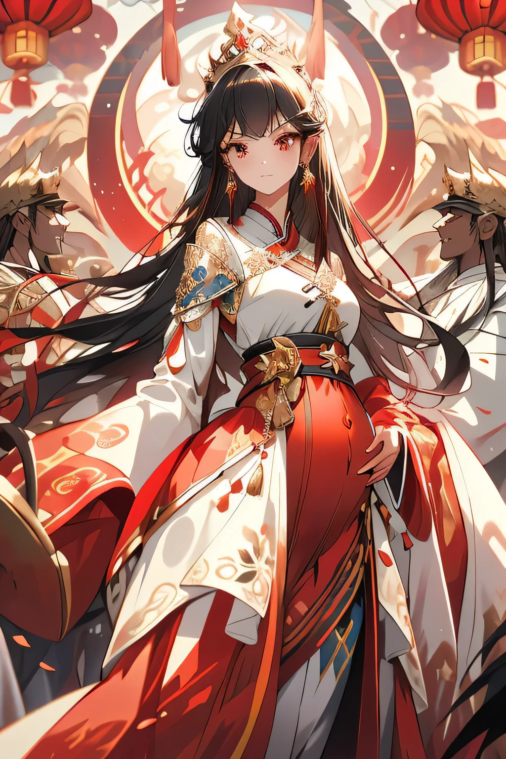 ,(tmasterpiece:1.2),best qualtiy,PIXIV,Halfway portrait,
1girll, solo, long whitr hair, arma, holding a sword, shift dresses, looking at viewert, reddress, red eyes, jewely, 耳Nipple Ring, Keep one's mouth shut, hair adornments, white backgrounid, longer sleeves, By bangs, standing on your feet, nedium breasts, Wide sleeves, Very long hair, brunette color hair, A brown-haired, full bodyesbian, Chinese clothes, Background of the Royal Palace, tiara crown, pregnant