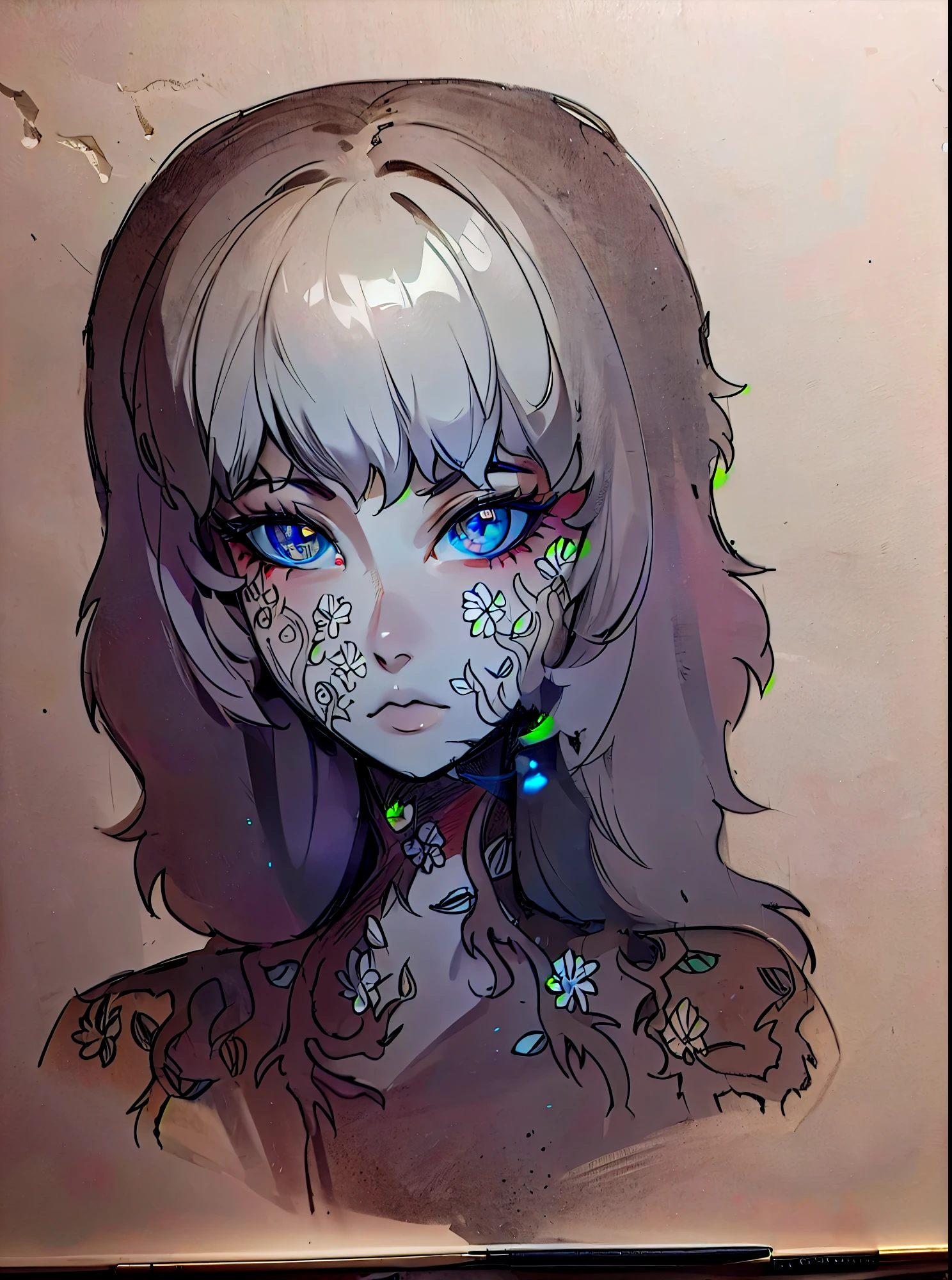 a close up of um desenho of a woman with a face, desenho desbotado,  com cara de flor, um desenho, humanoid flora, desenhado em papel manteiga branco, artistic design, desenho com tinta, inspirado em Annabel Eyres, inspirado em Hannah Frank, um desenho a tinta, detalhado, but rough, vestido e rosto detalhados, desenho simples, a pencil drawing