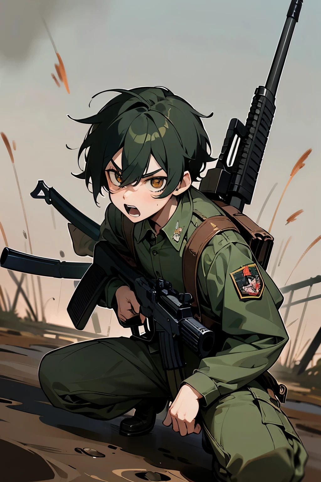 Anime boy, determined expression, clutched tightly in one hand, machine gun, military uniform, bullets loaded, battlefield background, intense gaze, combat boots, camouflage, chest puffed out, prepared for confrontation, battle situation, Browning Automatic Rifle (BAR), muddy terrain, weapons at the ready, survival instincts high, focused mindset, readiness to protect.
