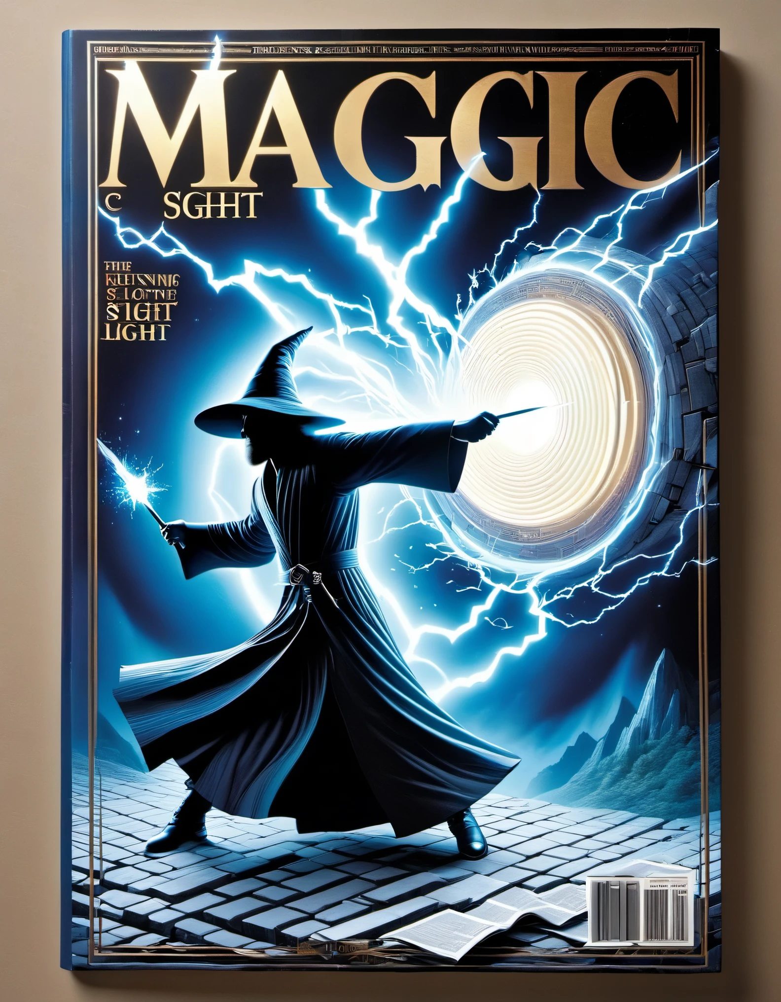 Magical magazine cover design, (a three-dimensional man breaking through the cover), the wizard is rushing out of the newspaper, ruptured large hole, the action is vivid, and realistic, the title of the magazine, "Magic Sight," emits a faint magical light, unique and striking black and white lettering and magical runes in the form of inlaid in the borders of the cover, the newspaper,Optical illusion art,blue lightning,Light