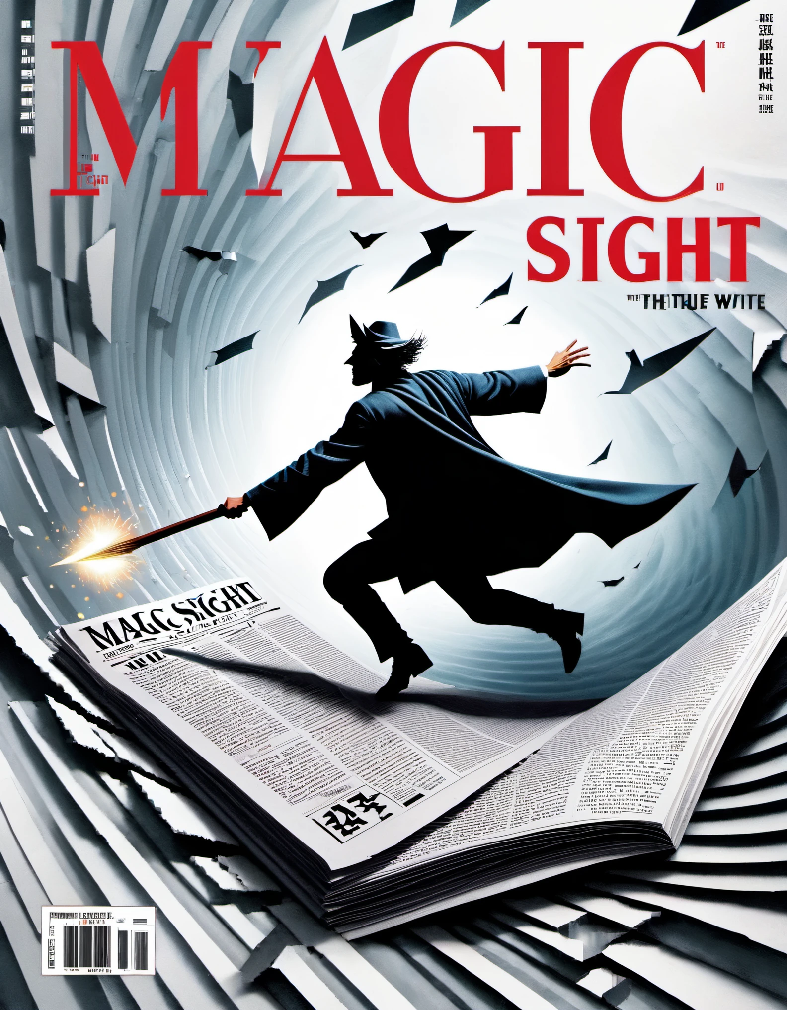Magical magazine cover design, (a three-dimensional man breaking through the cover), the wizard is rushing out of the newspaper, ruptured large hole, the action is vivid, and realistic, the title of the magazine, "Magic Sight," emits a faint magical light, unique and striking black and white lettering and magical runes in the form of inlaid in the borders of the cover, the newspaper
