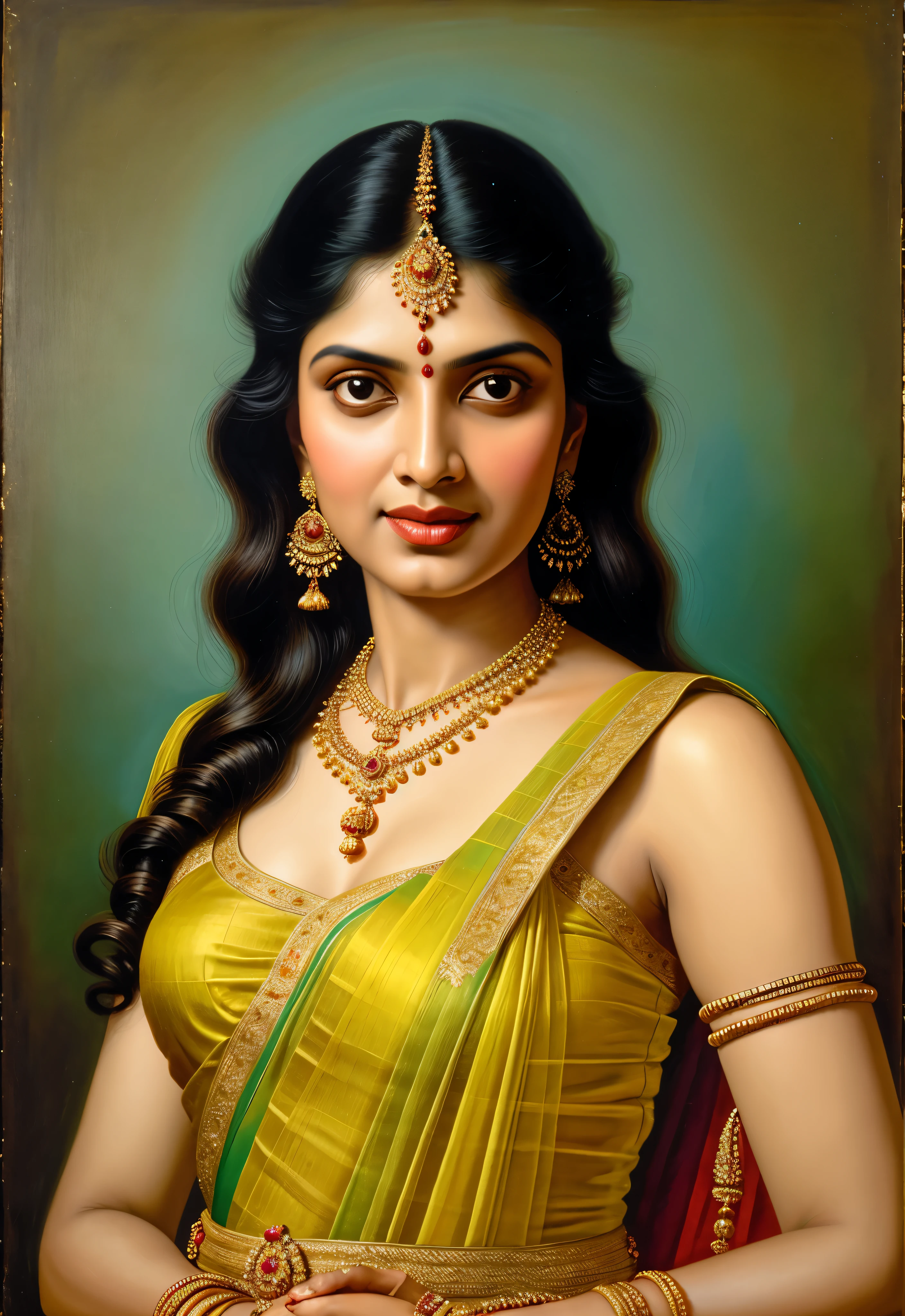 painting of a woman in a sari with a necklace and earrings, inspired by Raja Ravi Varma, szukalski ravi varma, portrait of a beautiful goddess, by Raja Ravi Varma, indian goddess, traditional beauty, a stunning portrait of a goddess, inspired by T. K. Padmini, indian art, indian goddess of wealth, portrait of a goddess