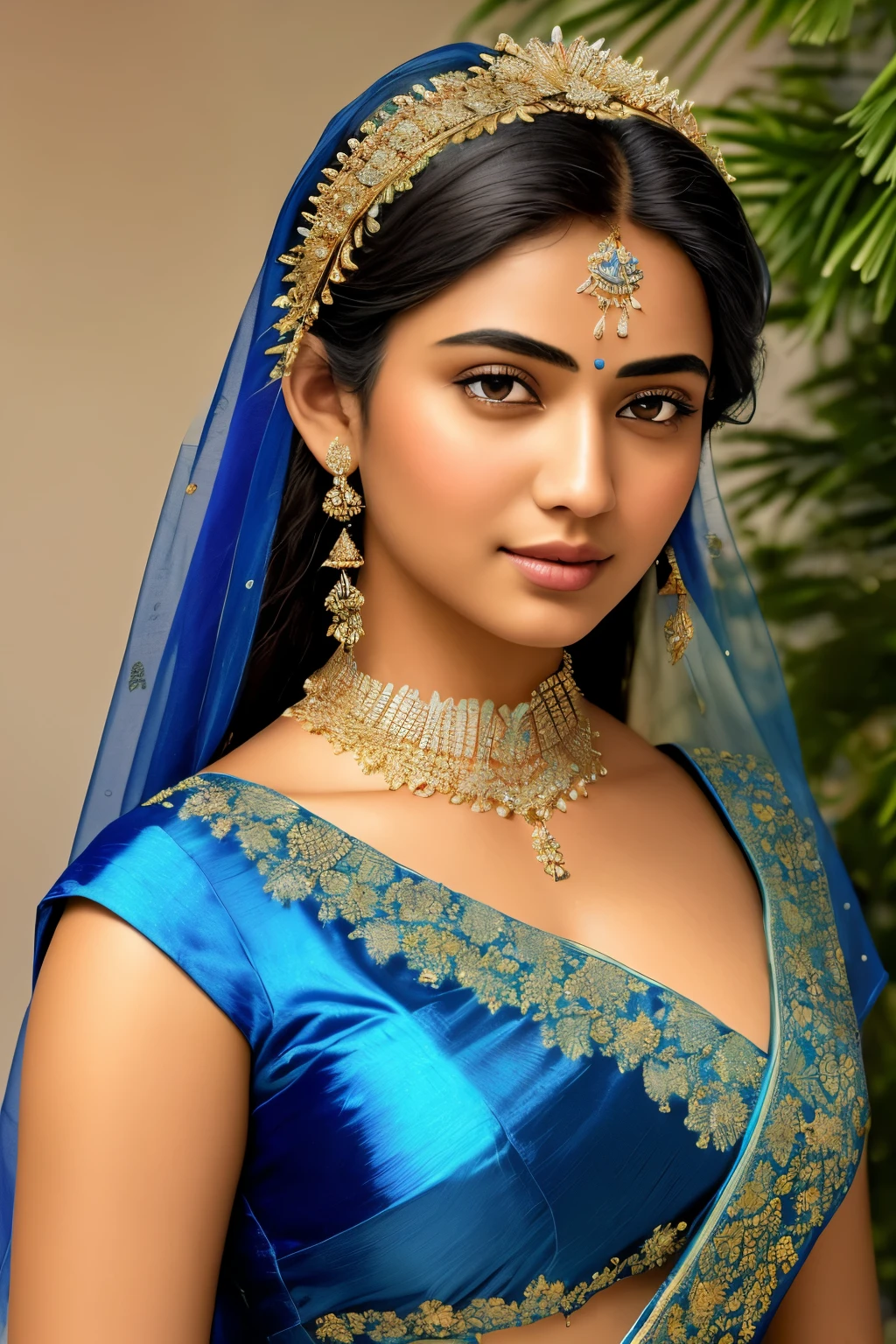 (masterpiece, photorealistic, raw: 1.6), close-up focus, cinematic light, soft side lighting, ultra-high resolution, best shadow detail, RAW image, teenage Indian girl, 16 years old, blue saree adorned with intricately designed flower ornaments, traditional Indian attire, vibrant blue hue, rich texture and sheen, natural skin tone, hydrated and radiant complexion, showcasing youthful beauty and grace. (extremely detailed: 1.3), elaborate floral ornaments that delicately accentuate her slender form, glinting gold accents adding an air of elegance, subtle