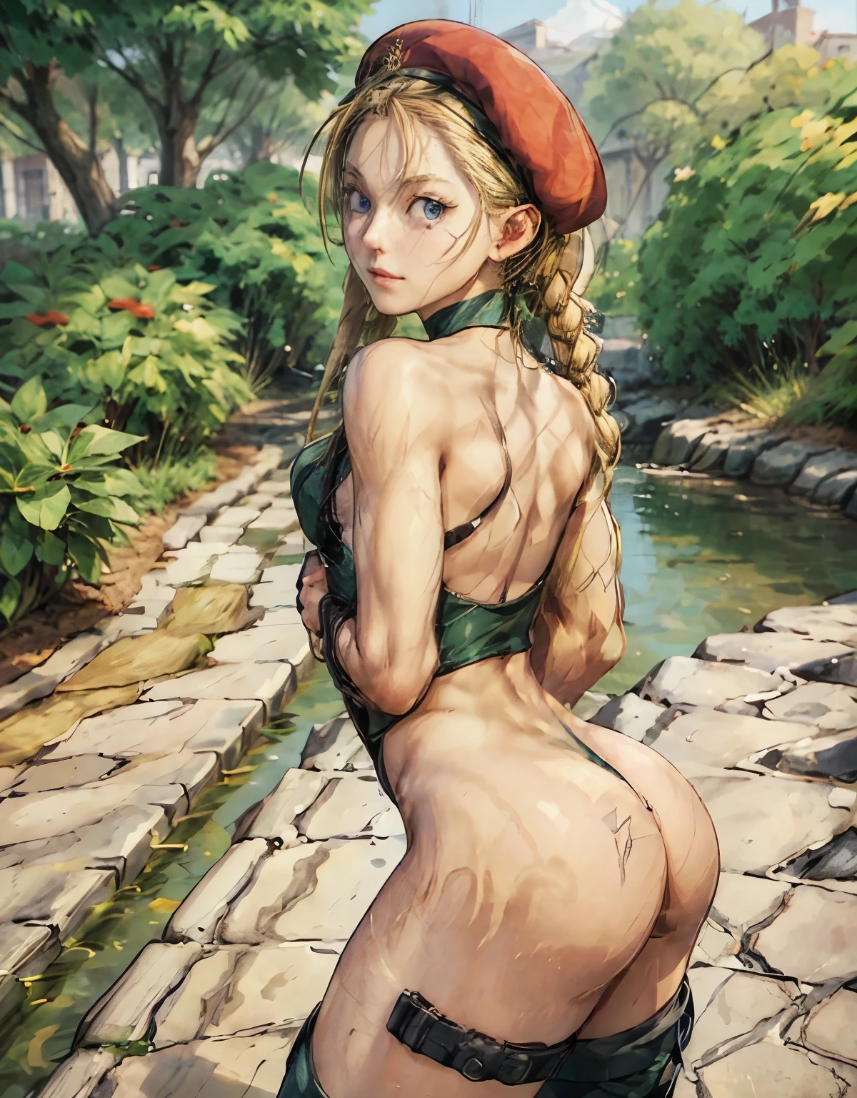  Field, ((Teen Cammy white kneeling looking over her shoulder smiling and winking at the camera, grabbing her crotch)), sexy look, green leotard, pigtails,(blonde hair) ,red beret, scar on cheek, attractive young face, 1girl, sexy, ((piercing blue eyes)) , ((nice butt and hips:1.5)) ,black boots, (Masterpiece) , best quality, detailed body, UHD,wide hips, windy, bottomless