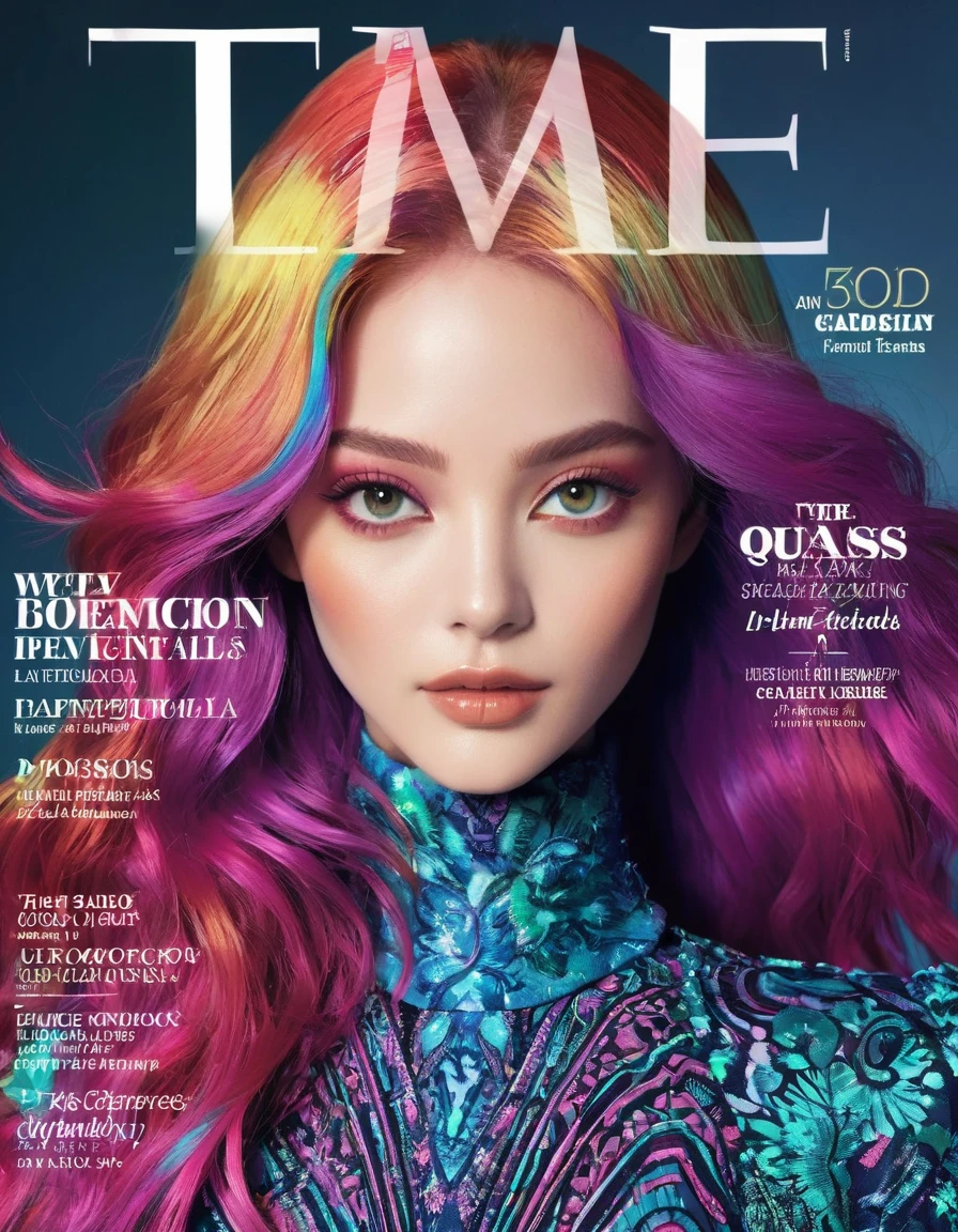 Magazine Cover, aesthetic, time magazine, (a girl with) vibrant colorful hair, striking pose, stylish clothes, confident smile, dynamic background, (high fashion),(realistic),(studio lighting), (best quality,4k,highres), (portrait), (best quality,4k,8k,highres,masterpiece:1.2),ultra-detailed,(realistic,photorealistic,photo-realistic:1.37), glossy finish, vibrant colors, captivating design, professional models, iconic logo, striking typography, dynamic layout, eye-catching headlines, fashion-forward, cutting-edge style, innovative concepts, influential personalities, trendsetting fashion, in-depth articles, thought-provoking content, modern lifestyle, cultural impact, timeless appeal, stylish accessories, glamorous photo shoots, international appeal, diverse perspectives, high-fashion editorials, exclusive interviews, top-notch journalism, exquisite craftsmanship, visual storytelling, captivating cover story, captivating imagery, iconic fashion brands, avant-garde makeup, luxurious fabrics, elegant patterns, high-quality printing, sophisticated layout, trend forecasting, inspiring visuals, stunning art direction, must-read issue.