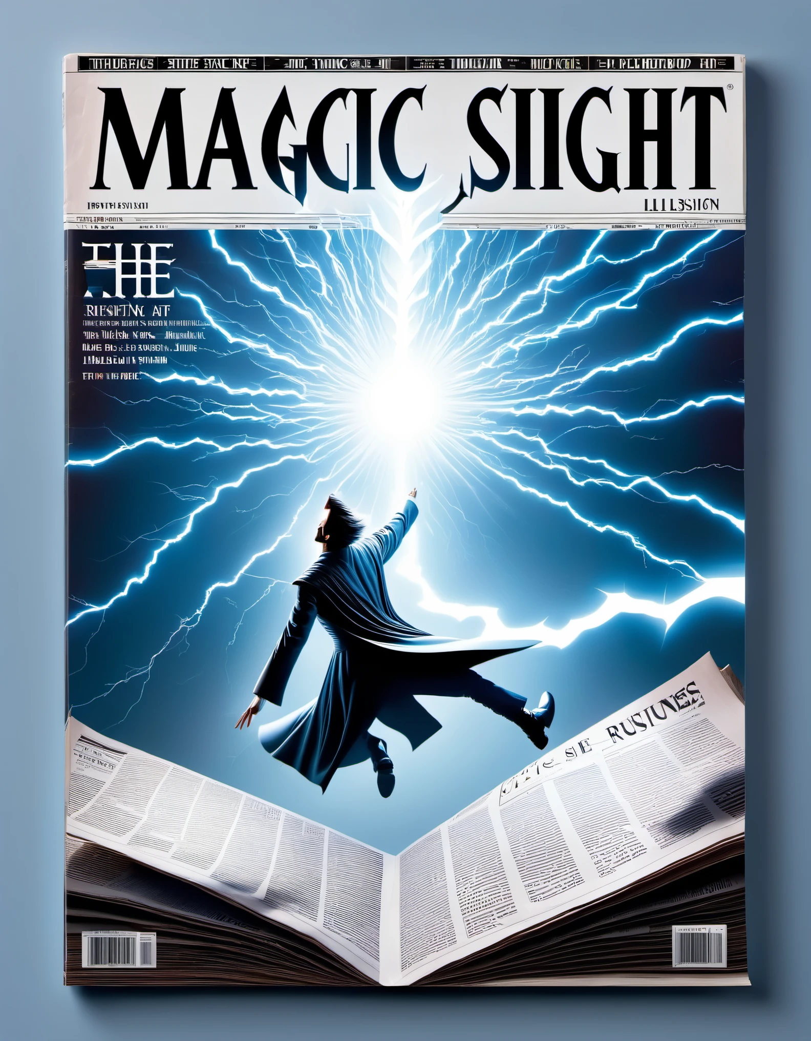 Magical magazine cover design, (a three-dimensional man breaking through the cover), the wizard is rushing out of the newspaper, ruptured large hole, the action is vivid, and realistic, the title of the magazine, "Magic Sight," emits a faint magical light, unique and striking black and white lettering and magical runes in the form of inlaid in the borders of the cover, the newspaper，Optical illusion art，blue lightning，Light

