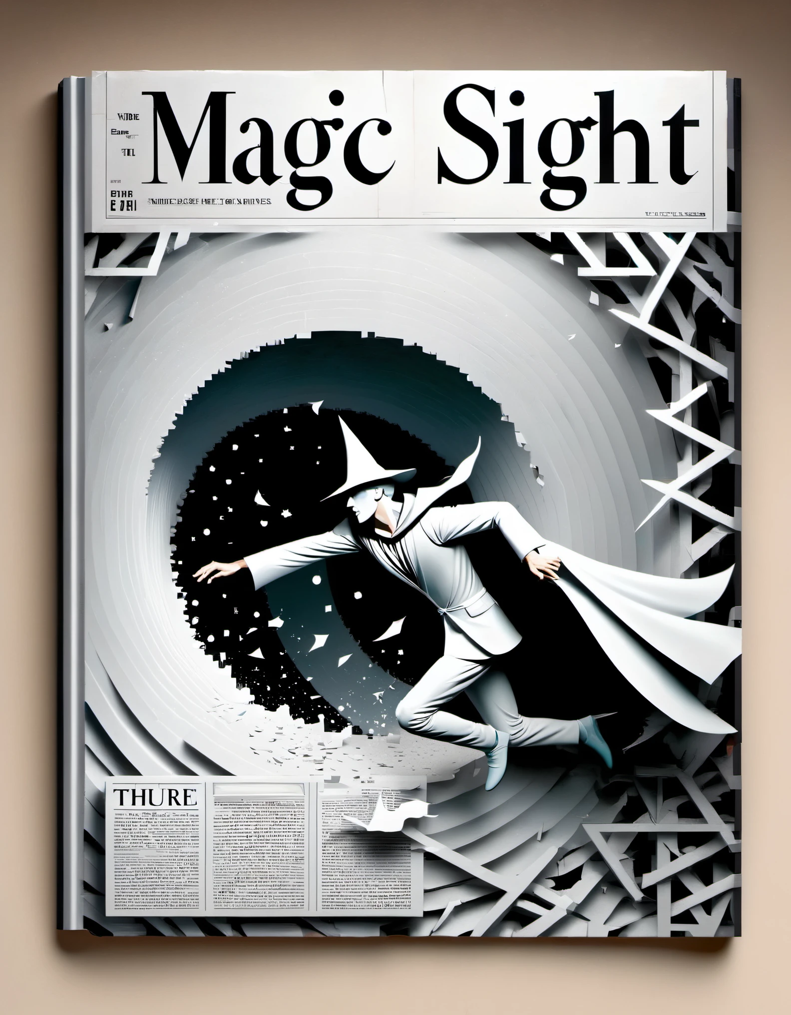 Magical magazine cover design, (a three-dimensional man breaking through the cover), the wizard is rushing out of the newspaper, ruptured large hole, the action is vivid, and realistic, the title of the magazine, "Magic Sight," emits a faint magical light, unique and striking black and white lettering and magical runes in the form of inlaid in the borders of the cover, the newspaper