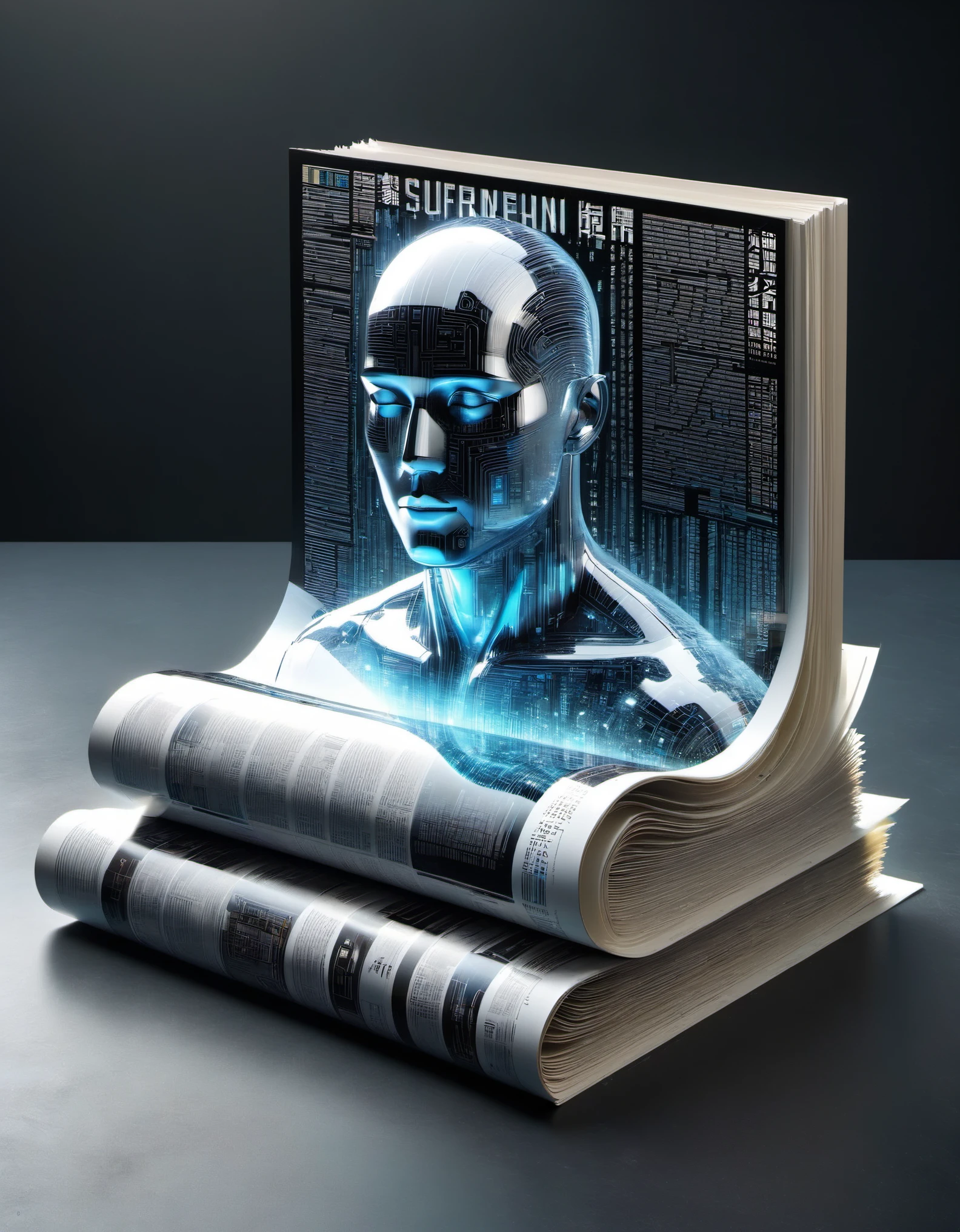 Transparent three-dimensional future magazine design，（A lot of text floating on the cover：0.85）Photography, macro photography, magazines stand with a 3D three-dimensional man,A waterfall of words flashed from his mouth，文字 flat black and white newspaper text, depth of field, DSLR, complex details, studio lighting, 8k, HD, futuristic science fiction magazines, screen magazines, cyberpunk art, 3D book art, background: a table in the futuristic science fiction world