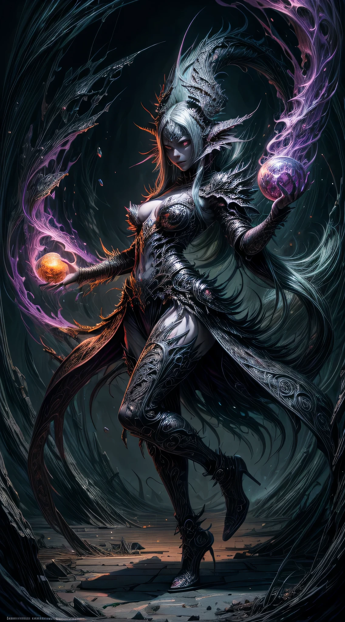 1girl, solo, sexy drow, purple-blue skin, busty, pale silver long elaborate braids, ((red eyes)), jewels, elf ears, earrings, busty, naked, nude, pubic hair, squatting, ((legs spread wide open:1.4)), ((open legs)), cameltoe, ((flames)), ((cast light magic)), on a roof of scyscraper, athletic, volumetric lighting, best quality, masterpiece, realistic, anatomically correct, (strong cinematic lighting), stunning details, intricate details, 8k post-production, High resolution, super details, trending on ArtStation, sharp focus, depth of field f/1.8, studio photos, (((looking at camera))), kVoidEnergy