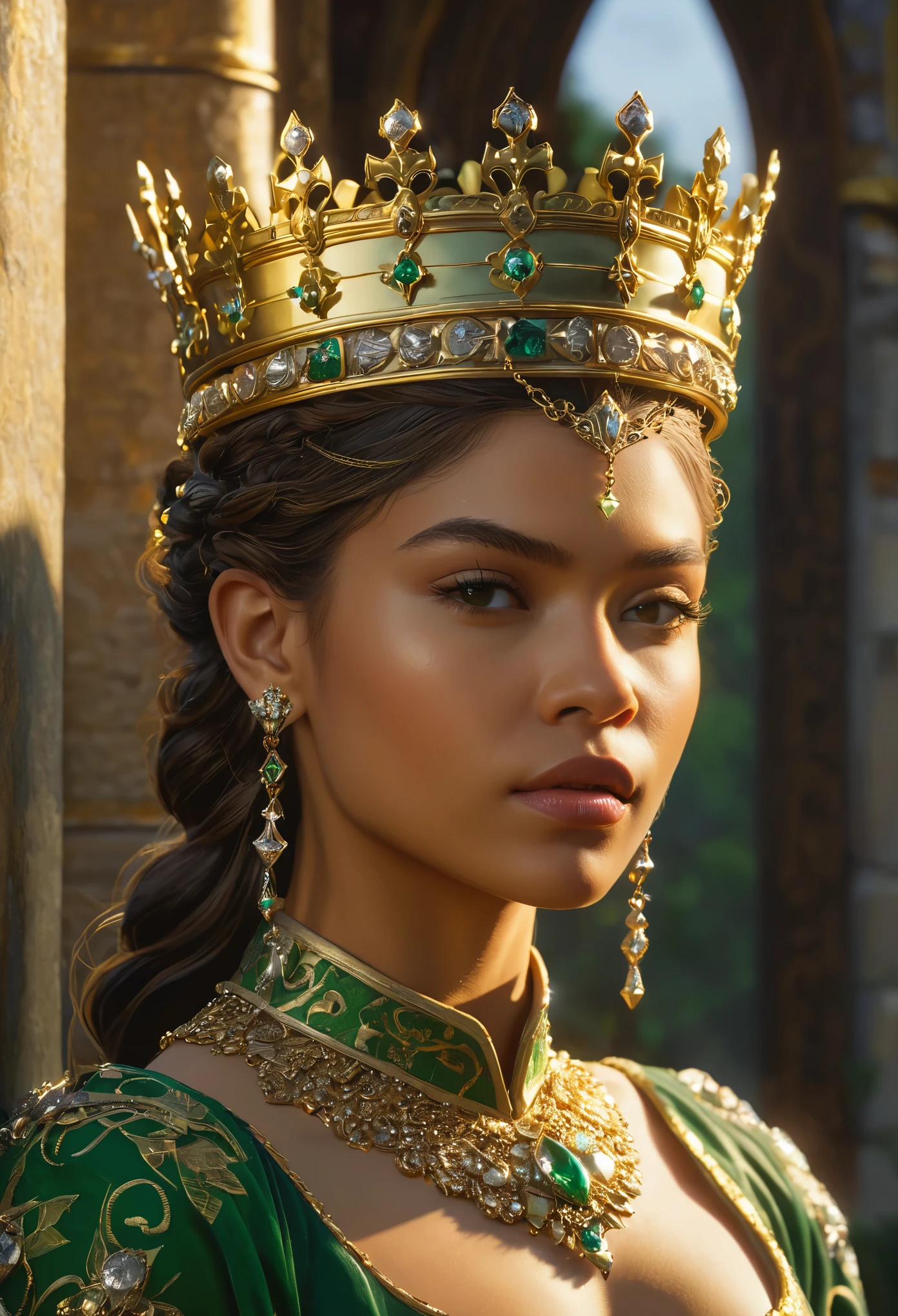 modelshoot style, (extremely detailed CG unity 8k wallpaper), full shot body photo of the most beautiful artwork in the world, medieval queen, green vale, zendaya face, zendaya body, golden crown, diamonds, medieval architecture, professional majestic oil painting by Ed Blinkey, Atey Ghailan, Studio Ghibli, by Jeremy Mann, Greg Manchess, Antonio Moro, trending on ArtStation, trending on CGSociety, Intricate, High Detail, Sharp focus, dramatic, photorealistic painting art by midjourney and greg rutkowski