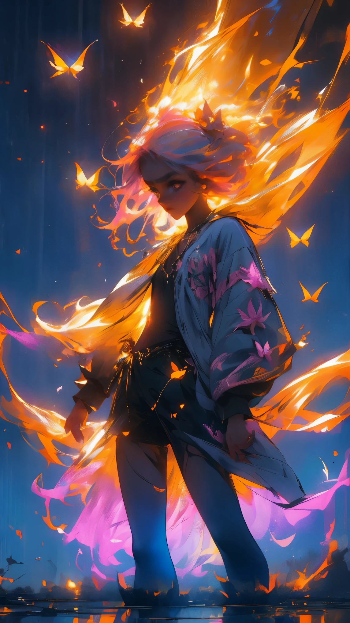 Enchanted mystical girl, neon colored butterflies, mini hadas doradas, Hongos brillantes que liberan polen., (ultrarrealista), {Fondo de pantalla de unidad CG de 8k extremadamente detallado}, (una vista baja que prioriza toda la escena), (vista de campo abierto), (low angle shot), (destacar: 1.5), (luz baja: 1.0), (warm light source: 1.0), detalles complejos, (colores iridiscentes: 1.5), (bright lighting), (atmospheric lighting), naturaleza, magical