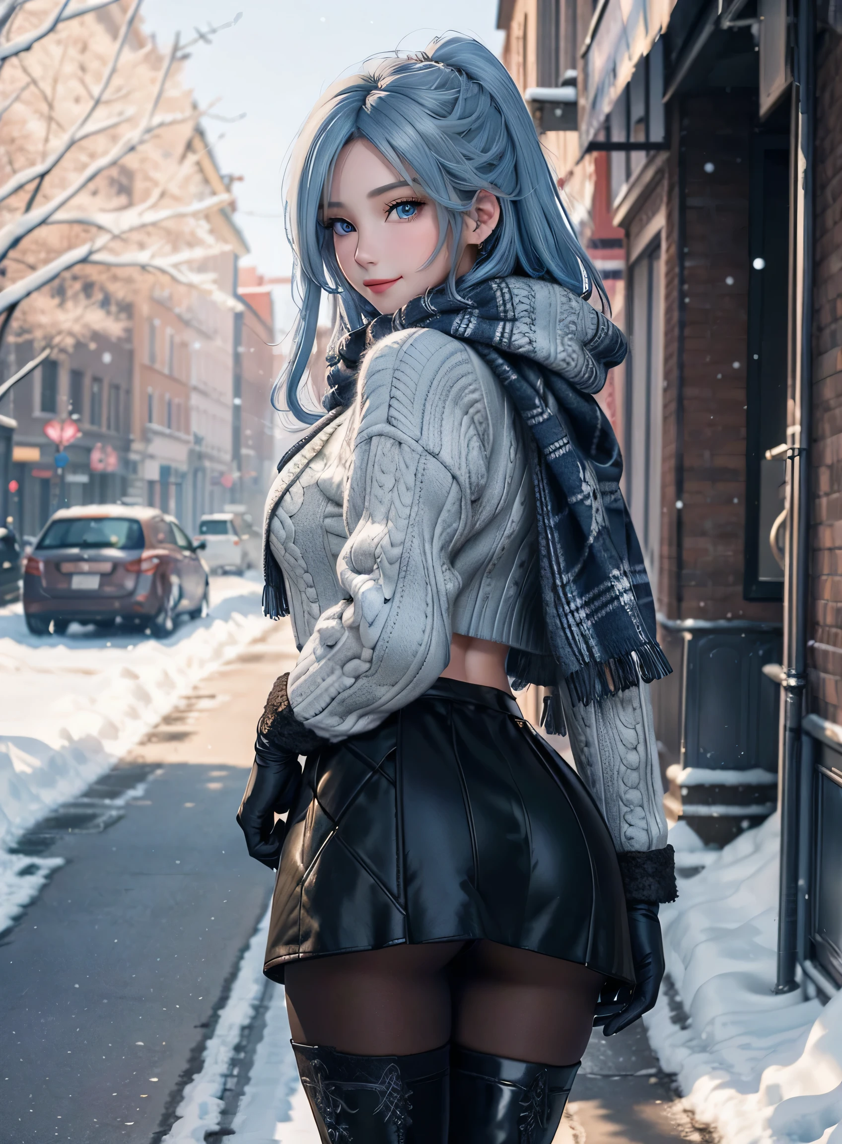Masterpiece, raw, beautiful art, professional artist, 8k, art style by sciamano240, very detailed face, very detailed hair, 1 woman, perfectly drawn body, beautiful face, long hair, light blue hair , very detailed blue eyes , rosey cheeks, intricate details in eyes, playful smile, looking directly at viewer , in love with viewer expression, lipstick, wearing cute winter clothes, winter coat, gloves, sweater, scarf, short pencil skirt, thigh boots, pantyhose ,sunny winter day, walking, pov with viewer, very close up on face, rear view