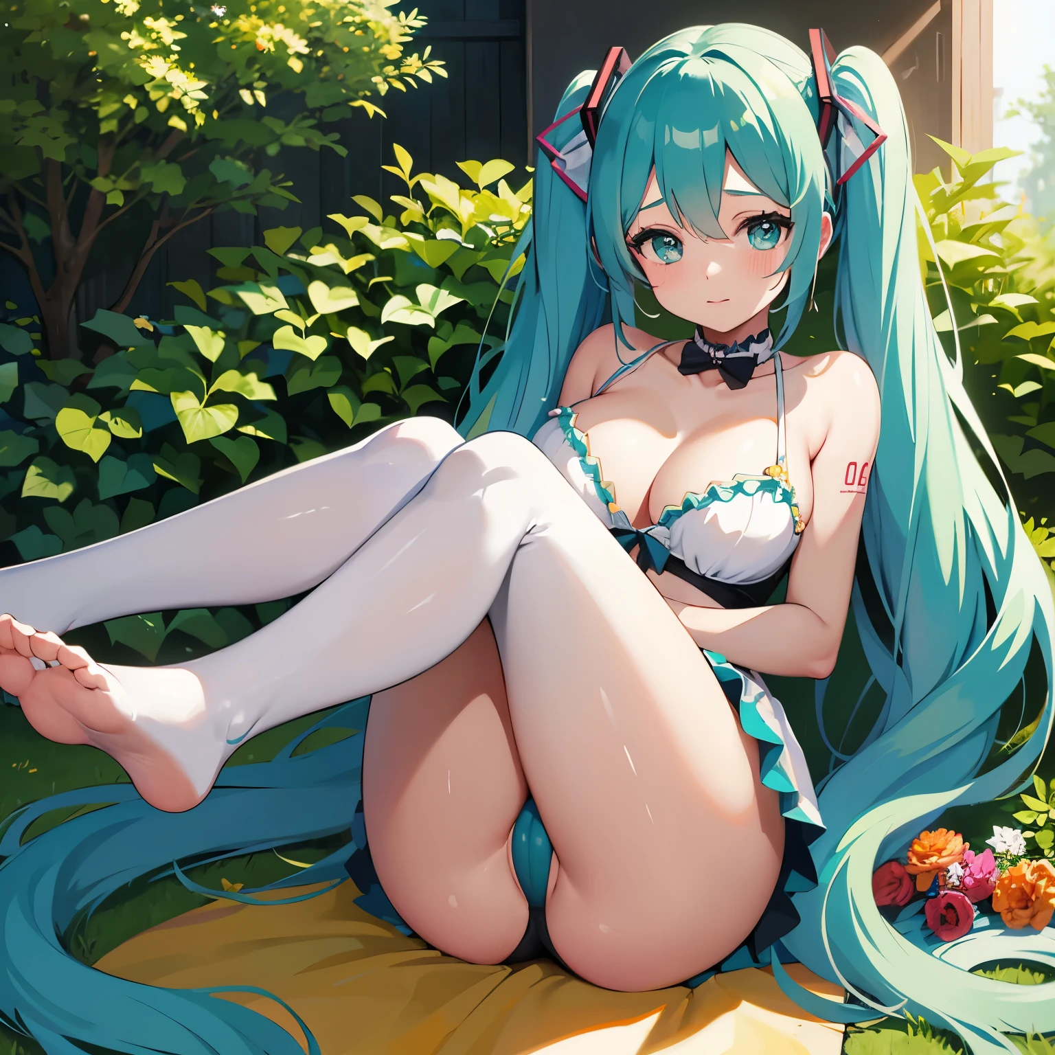 Hatsune miku, chubby girl, copa 3EE, piernas gordas, sensual, garden, pecho al aire, 