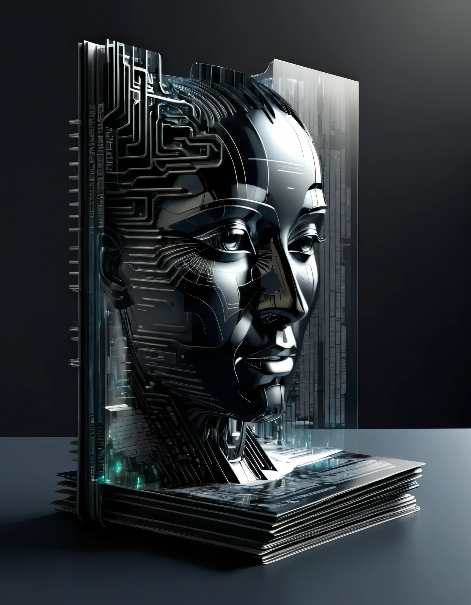 Transparent three-dimensional future magazine design，（A lot of text floating on the cover：0.85）Photography, macro photography, magazines stand with a 3D three-dimensional man,A waterfall of words flashed from his mouth，文字 flat black and white newspaper text, depth of field, DSLR, complex details, studio lighting, 8k, HD, futuristic science fiction magazines, screen magazines, cyberpunk art, 3D book art, background: a table in the futuristic science fiction world