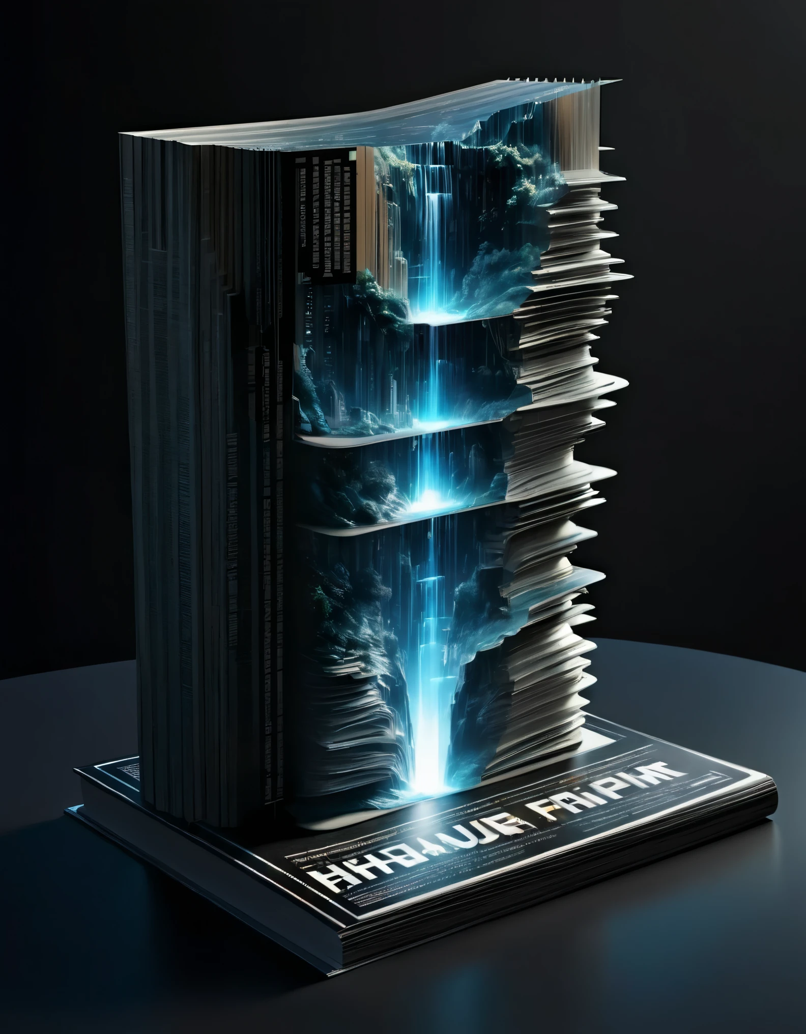 Transparent three-dimensional future magazine design，（A lot of text floating on the cover：0.85）Photography, macro photography, magazines stand with a 3D three-dimensional man,A waterfall of words flashed from his mouth，文字 flat black and white newspaper text, depth of field, DSLR, complex details, studio lighting, 8k, HD, futuristic science fiction magazines, screen magazines, cyberpunk art, 3D book art, background: a table in the futuristic science fiction world