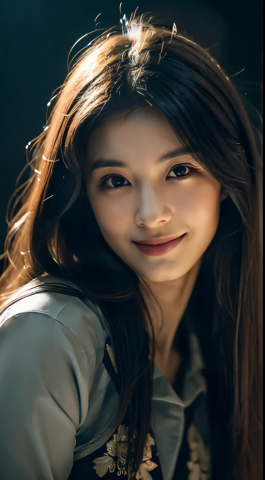 best quality, epic reality, ((in the pitch black darkness :1.4)), ((portrait:1.5)),(background: dark ) high contrast ,glorious picture, Minimum illumination, lighting Face, she's comFortable, nothing to wear, It seems, (8K, original photo, best quality),(epic reality:1.5), a woman, Face,(delicate eyes:0.8),(looking at camera:1.4), (best quality), ( high contrast, Deep shadows),intricate details,ish,((skin:1.4)), (long dark hair:1.3), long hair, messy ,(high dynamic range:1.5),detailed, color, upscale, masterpiece, original photo (20 years old, looking at the audience), beautiFul, (wearing a regular shirt,), perFect, Nature, perFect composition, portrait, perFect Face, Smile expression, charming eyes, Bright details, closed lips, (高skin细节),, (blue tint: 0.6), (Sale: 0.8), (bloody: 0.7), Accent lighting , (backlight: 0.5), Medium depth oF Field, canon 5d, 50mm lens, F/4 apertures, (Super detailed, intricate details), sharp Focus, soFt color, 8K, absurd, 80mm, dark background, photography, Smile,Moderate ,