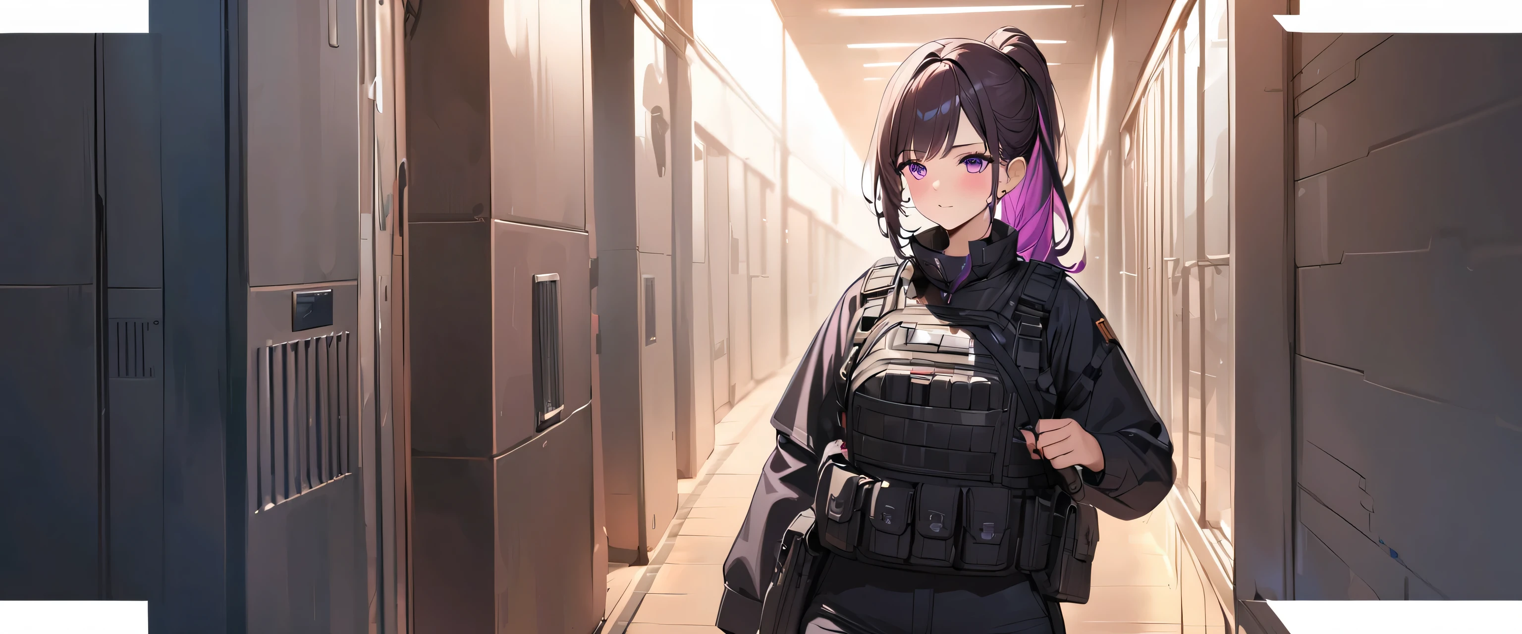 une fille, Dark Hair with Purple Highlights, queue de cheval,side braid, yeux violets, Tenue noire,porter un gilet pare-balles, chemise militaire, background,architecture brute, couloir, tout le corps en photo,4k, chef-d&#39;artwork,Bonne proportion,good lighting,beau visage,accurate anatomy, bonne compo, bonne perspective,girl near the camera.