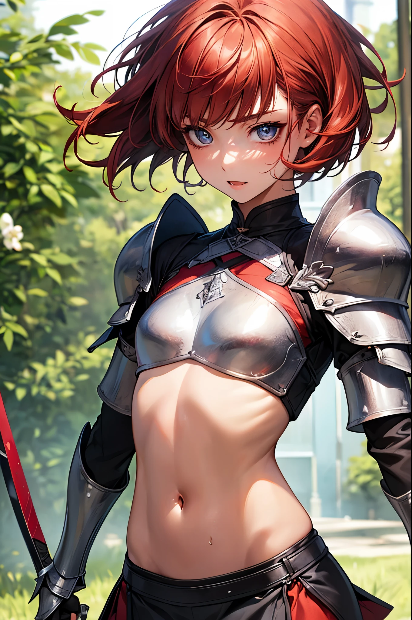 ((perfect ???????:1.2,realistic,:1.3,RAW Photography:1.3,masterpiece、highest quality、Ultra - High resolution、High resolution、Highly detailed CG、8K)),nsfw,upper body,1 female,alone,20-year-old,beauty of japan,beautiful detailed face and eyes,big and gorgeous eyes,gray eyes,(red hair,short bob hair,bangs), (slender body,small head:1.4, skinny、small breasts), glowing skin,oily skin,sweat,(fantasy clothing,silver armor,crop top,navel、Red micro mini skirt,female knight)、(hold a sword in hand:1.3,fight with sword),fantasy,world of swords and magic、grassland、Wars of the Middle Ageany knights behind、medieval europe、natural sunlight、