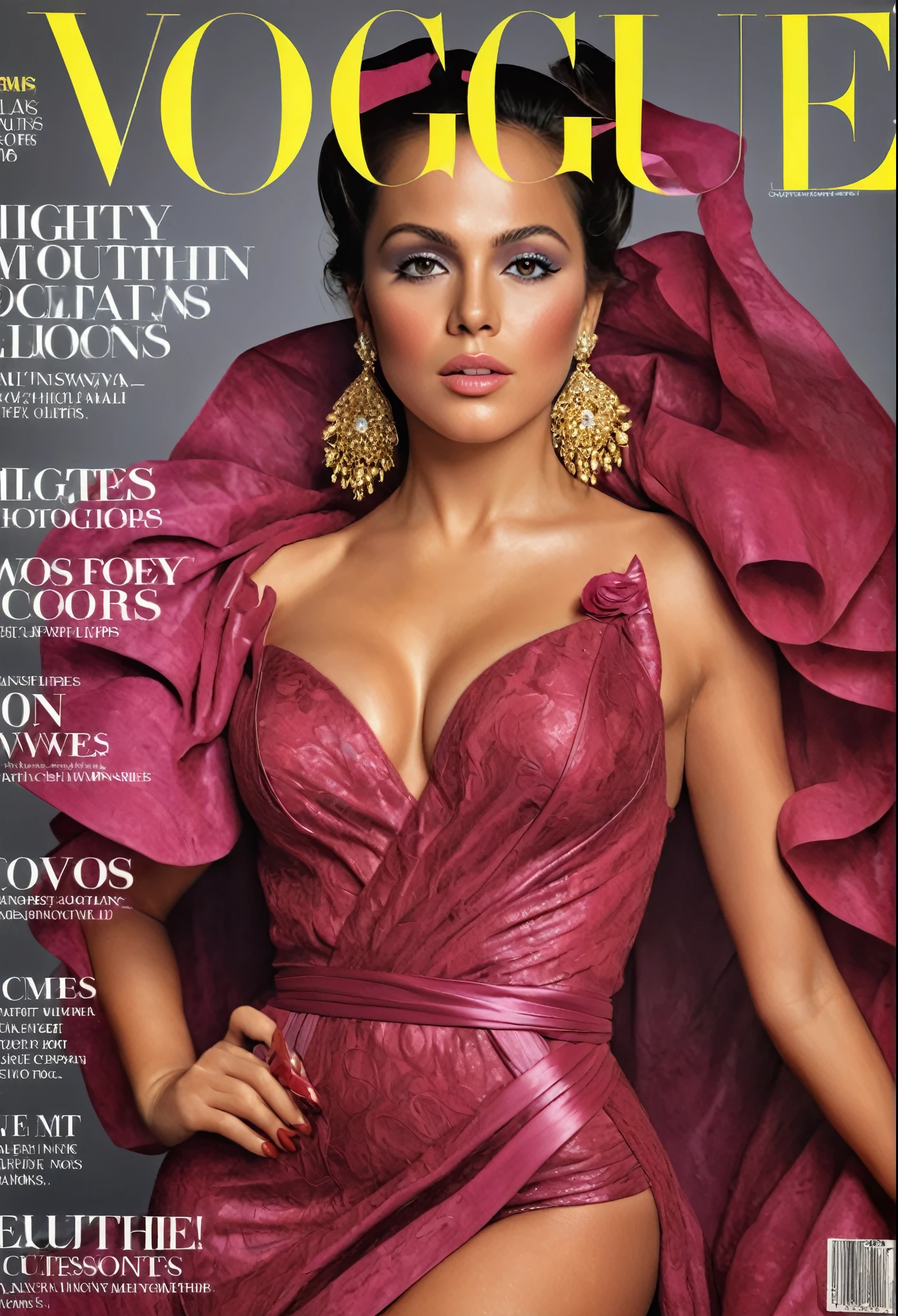 highly intricate,(VOGUE Cover Magazine:1.15),hyper detailed, photorealistic, (best quality,4k,8k,highres,masterpiece:1.2),ultra-detailed,(realistic,photorealistic,photo-realistic:1.37),((((magazine cover)))),Beautiful Latina women,sexy hourglass body,facing viewer,high slit thin gown,perfect figure,(detailed eyes,luscious lips:1.1),(editorial fashion:1.1),dynamic pose,vibrant colors,glamorous lighting,sophisticated makeup,high-end jewelry,artistic backdrop