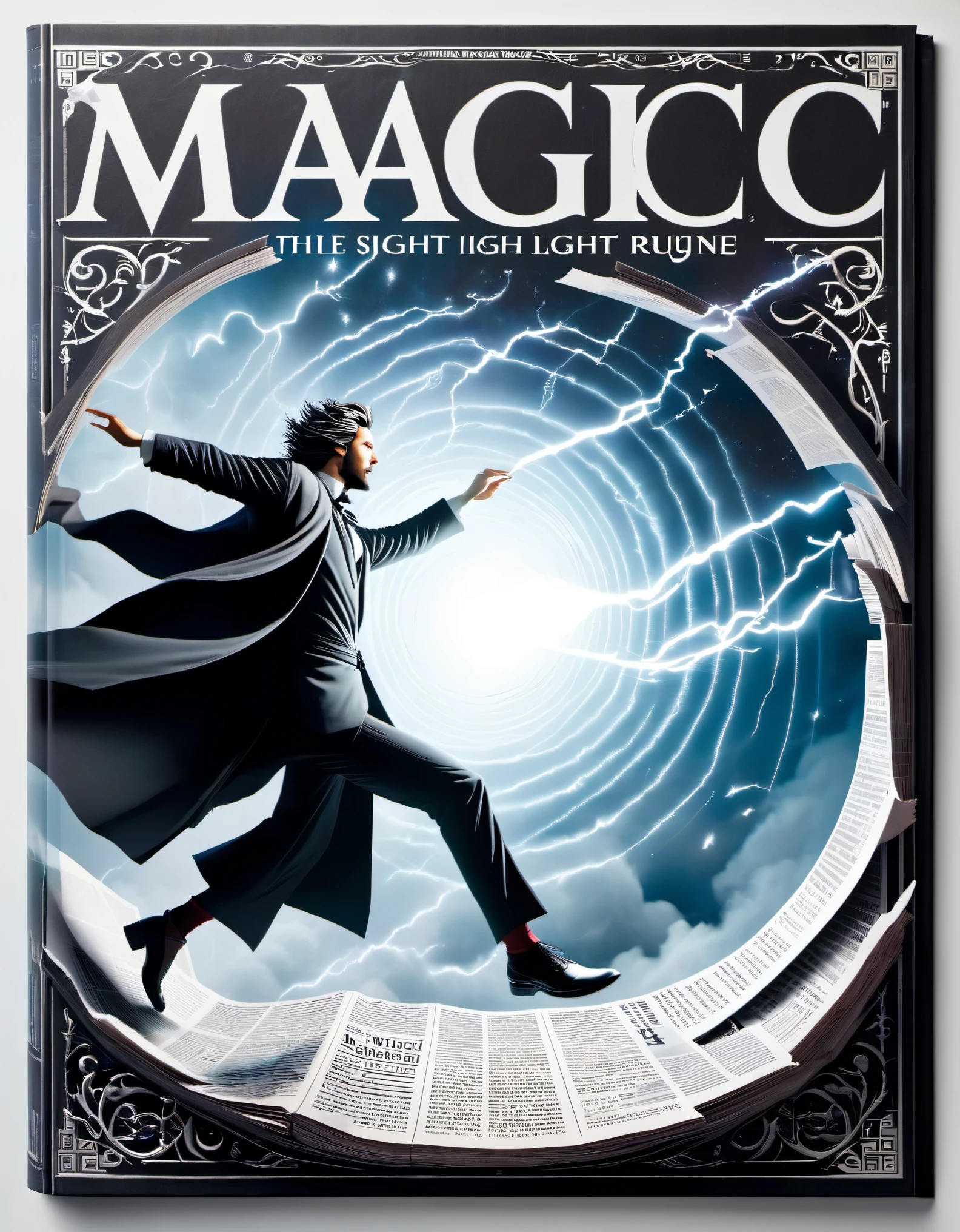 Magical magazine cover design, (a three-dimensional man breaking through the cover), the wizard is rushing out of the newspaper, ruptured large hole, the action is vivid, and realistic, the title of the magazine, "Magic Sight," emits a faint magical light, unique and striking black and white lettering and magical runes in the form of inlaid in the borders of the cover, the newspaper