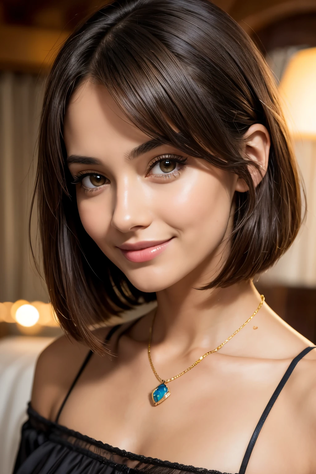 highest quality, 8K, masterpiece, photorealistic, beautiful woman with perfect figure, dark brown hair, pendant, highly detailed face and skin, detailed eyes, 1people's women, golden ratio, perfect face, beautiful figure, cute face, close up of face, short bob, short hair, Smiles from various angles, bangs, smile cutely, Obtrusive bust, off shoulder, Refreshing charm, Full of elegance, Gaze to the camera, upper part of the body