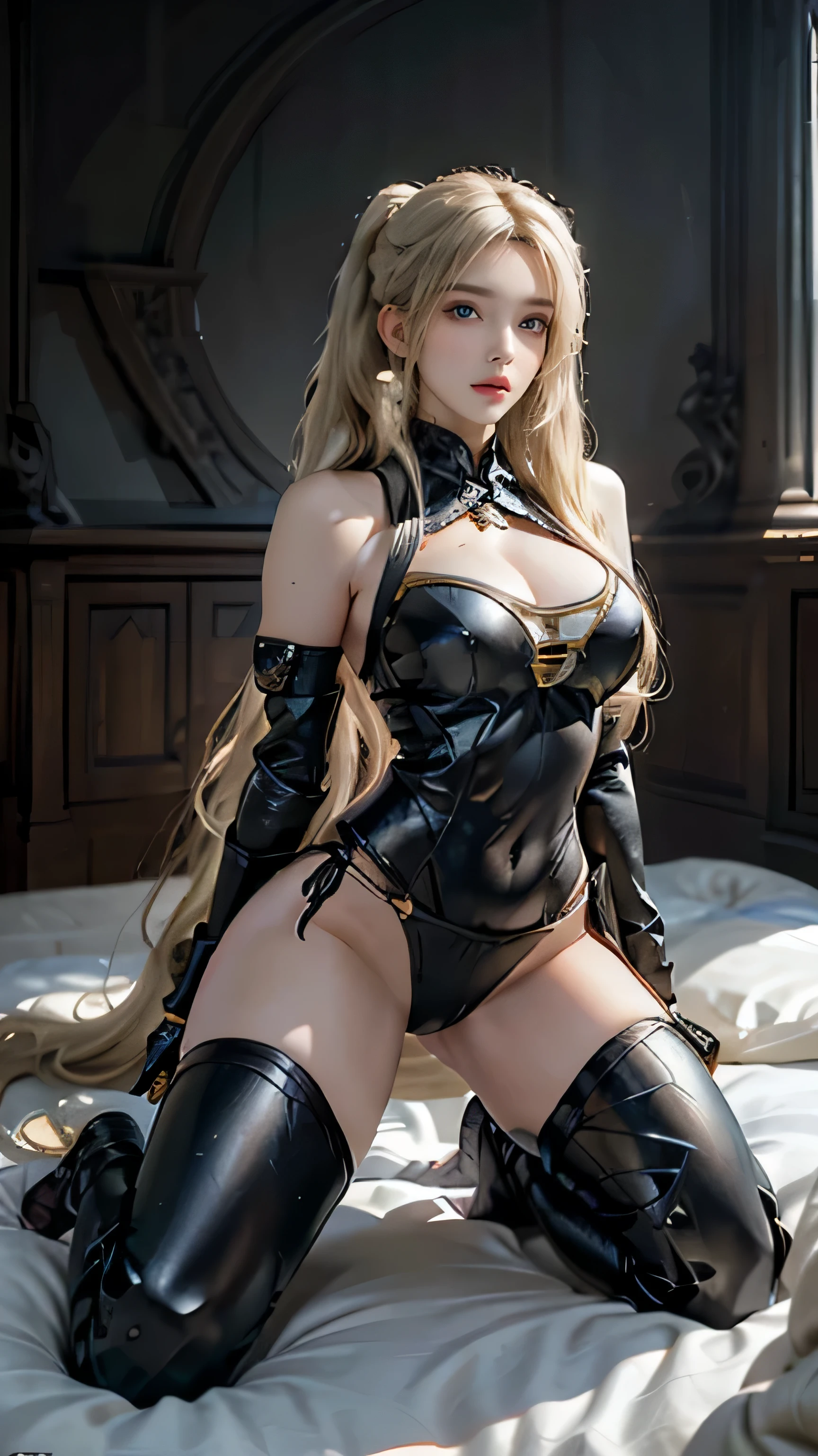 full body, (( photorealistic )), high resolution, 1 women, solo, hips up, look at viewer, (detailed face), medium breast, bikini knight armor , (( dynamic laying pose )) .(( Blonde twintail hair ))