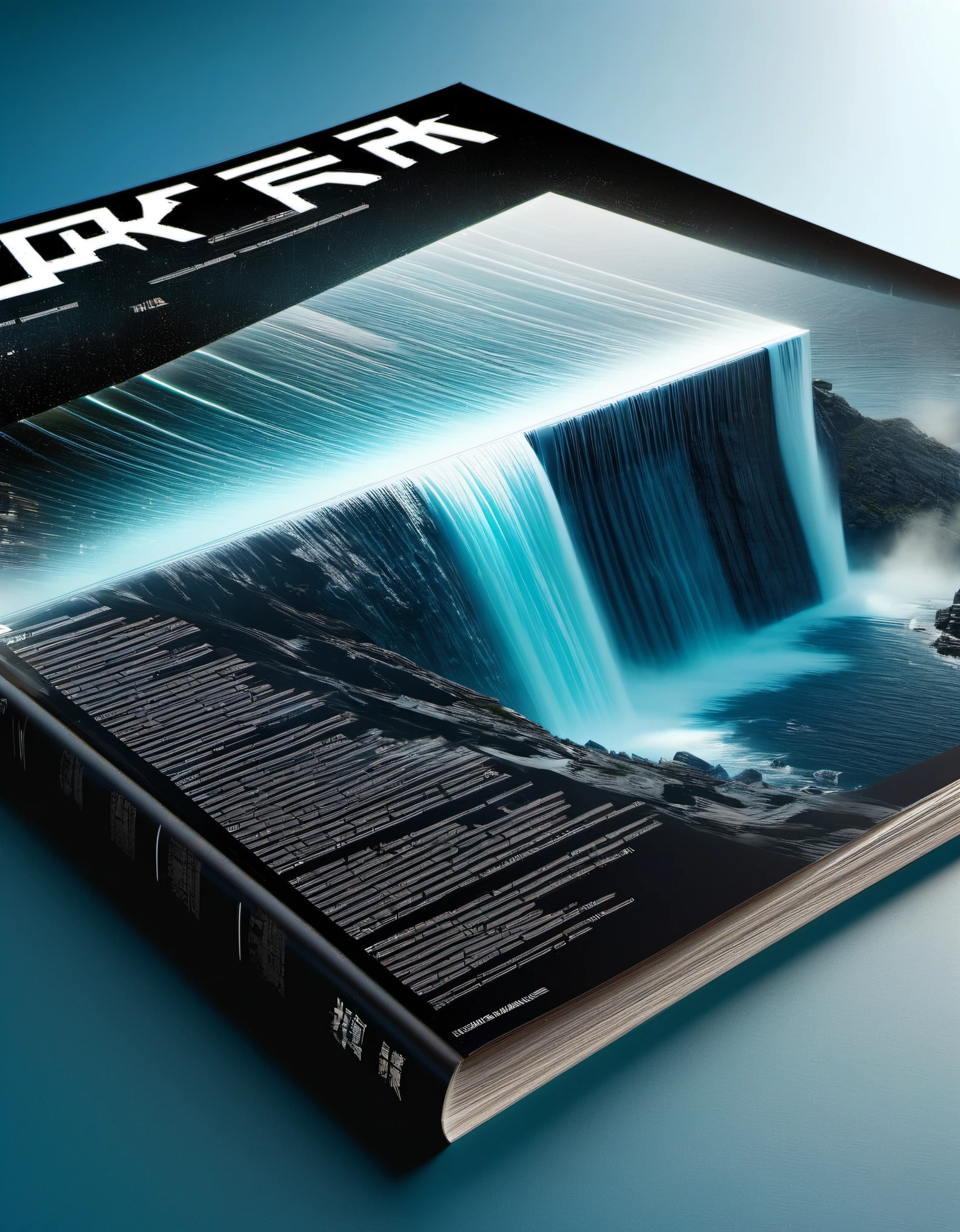 Transparent three-dimensional future magazine design,(A lot of text floating on the cover:0.85)Photography, macro photography, glass newspaper cover magazines stand with a 3D three-dimensional man,A waterfall of words flashed from his mouth,文字 flat black and white newspaper text, depth of field, DSLR, complex details, studio lighting, 8k, HD, futuristic science fiction magazines, screen magazines, cyberpunk art, 3D book art, background: a table in the futuristic science fiction world